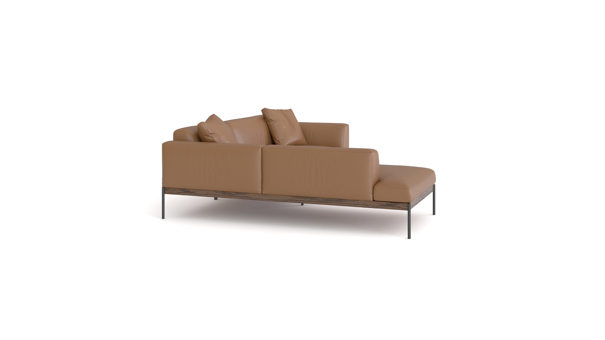 The Department Modular Sofa | Leather • M5 Left by Wooden Stories is a modern brown leather sectional with metal legs, a solid wood base, two seat cushions, and matching back pillows, displayed against a white background.