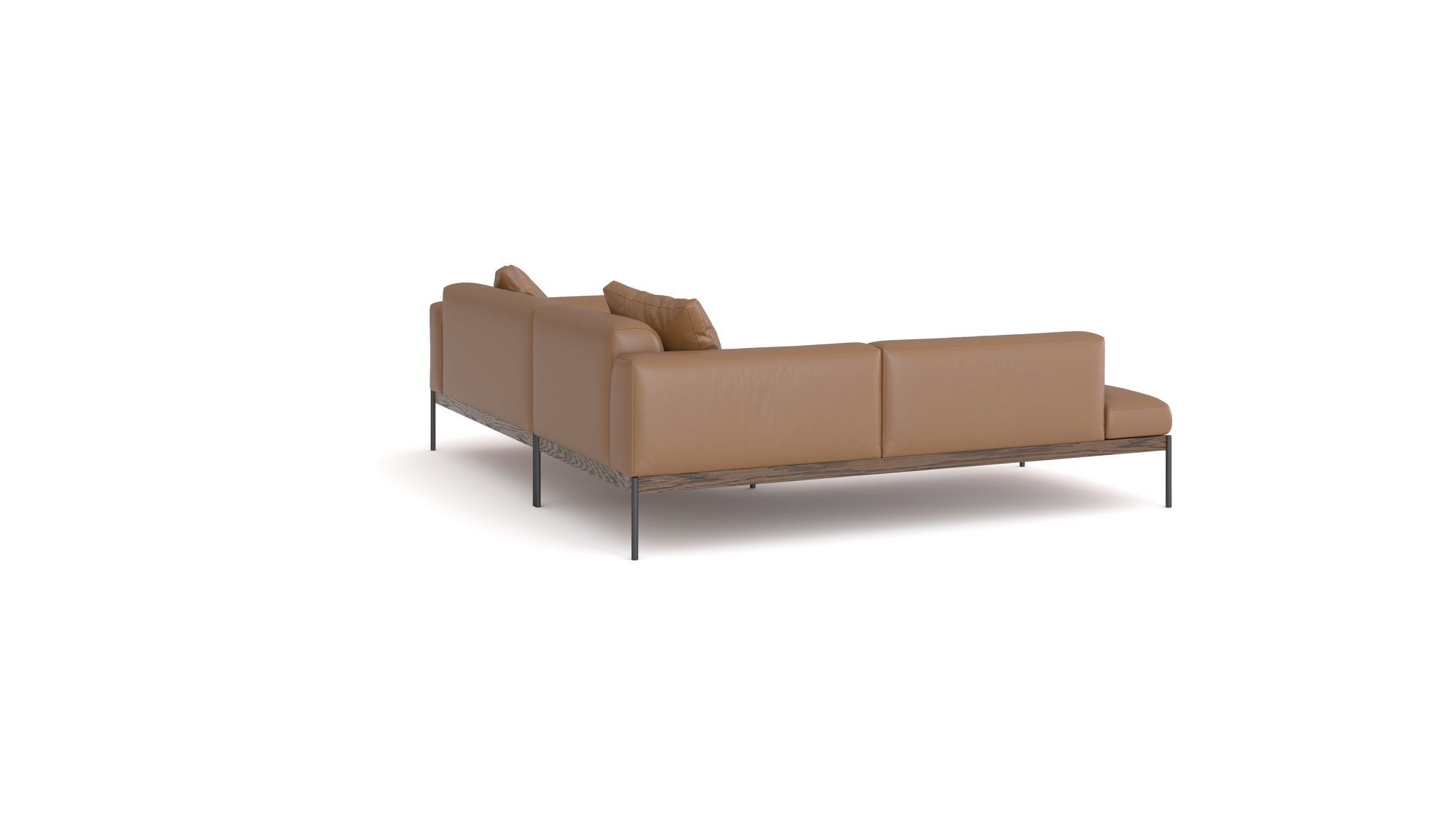 The Wooden Stories Department Modular Sofa | Leather • M5 Left features a modern brown leather design, metal legs, three back cushions, and a solid wood base inspired by Danish collections, shown from the back and side against a white background.
