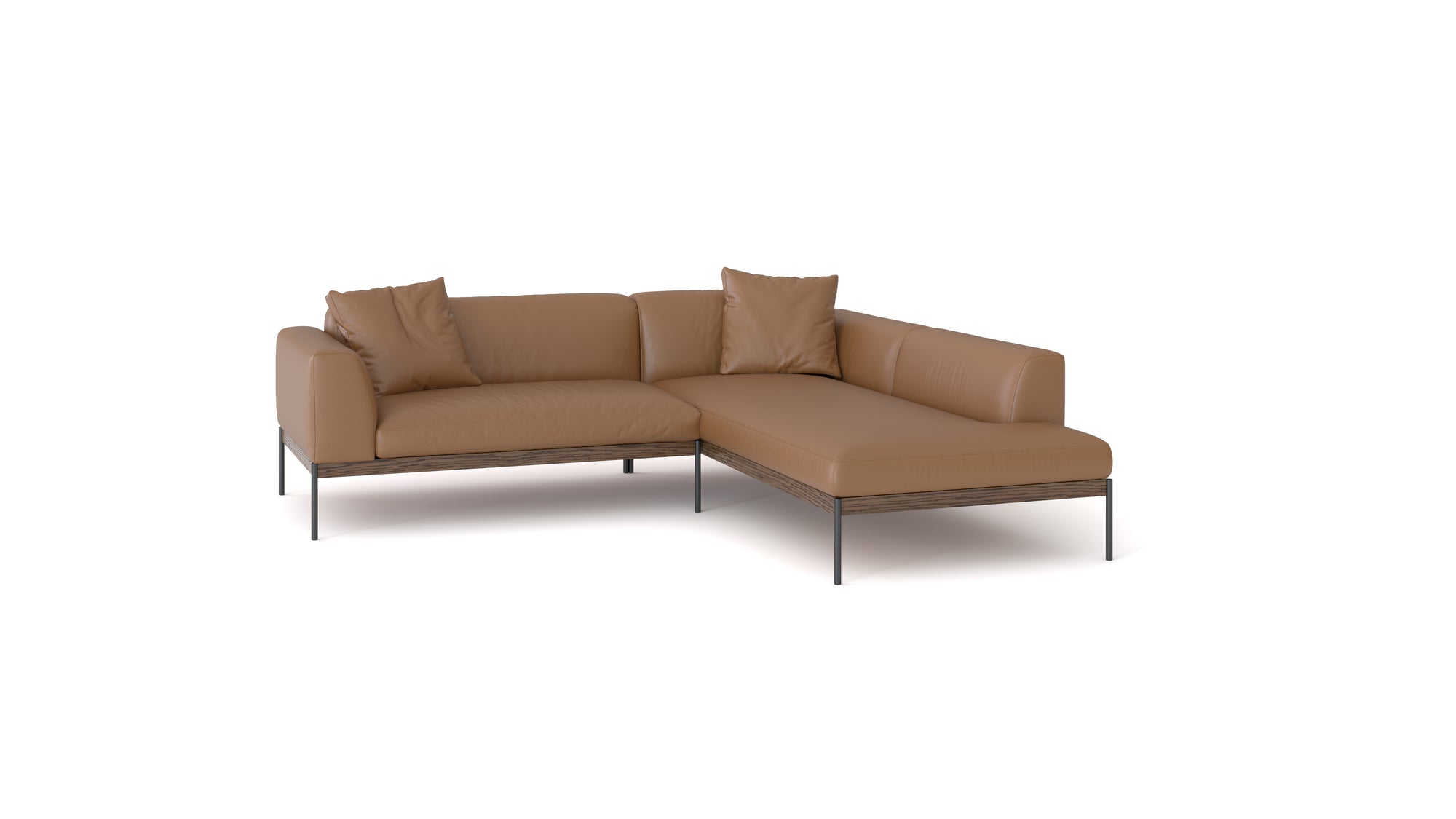 The Wooden Stories Department Modular Sofa | Leather • M5 Right is a modern L-shaped brown sectional with slim black legs, three matching cushions, and a solid wood base, inspired by Danish collections and shown against a plain white background.