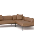 The Wooden Stories Department Modular Sofa | Leather • M5 Right is a modern L-shaped brown sectional with slim black legs, three matching cushions, and a solid wood base, inspired by Danish collections and shown against a plain white background.