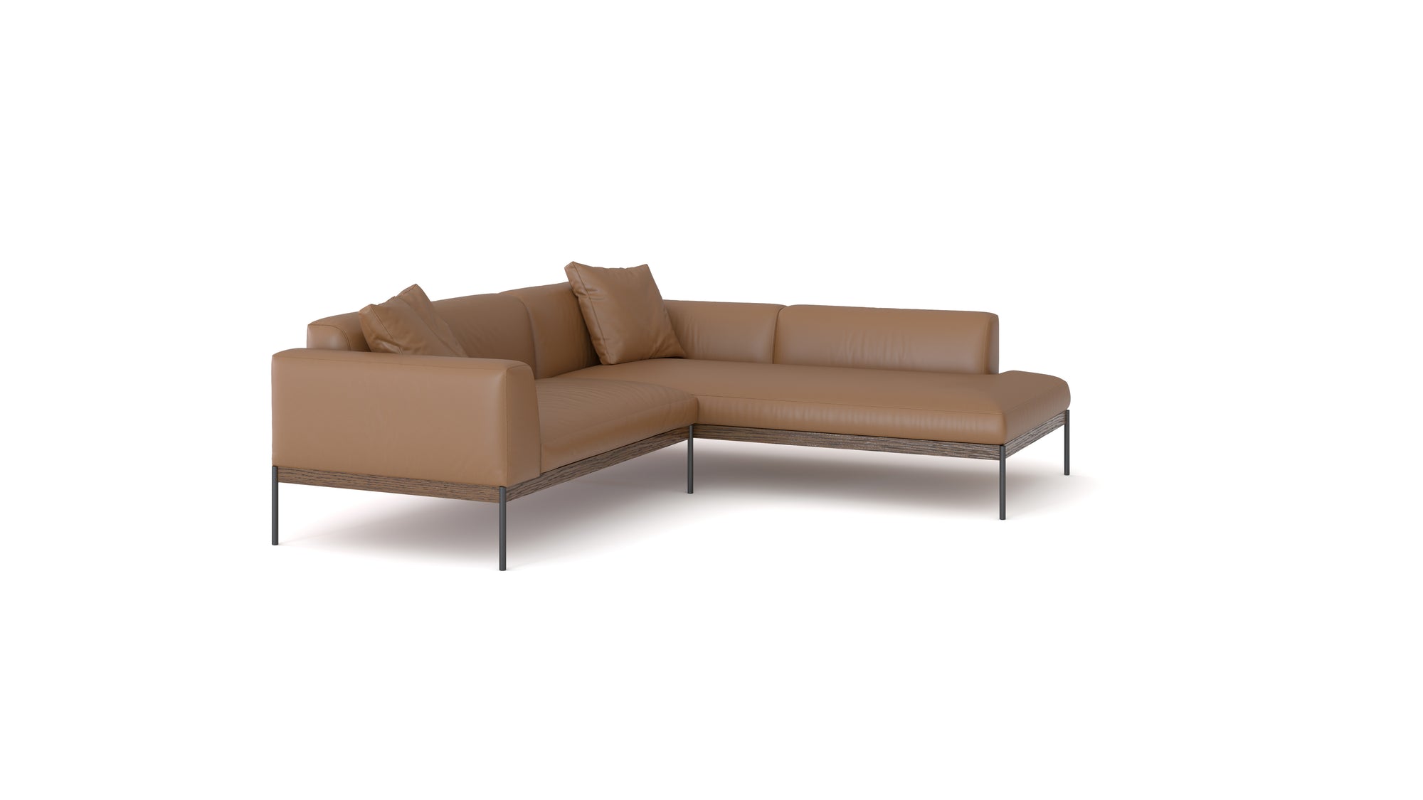 The Department Modular Sofa | Leather • M5 Right by Wooden Stories is a modern L-shaped sectional in tan leather, featuring thin metal legs, a solid wood base, and two matching cushions, inspired by Danish collections on a white background.