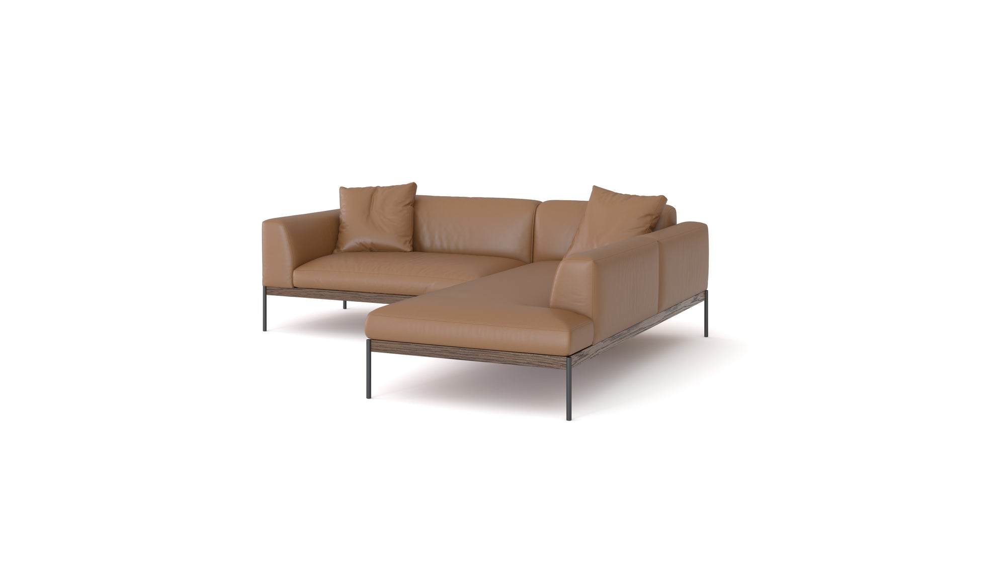 The Department Modular Sofa | Leather • M5 Right by Wooden Stories is a modern L-shaped brown leather sectional with a solid wood base, slim metal legs, and three matching cushions, shown on a white background.