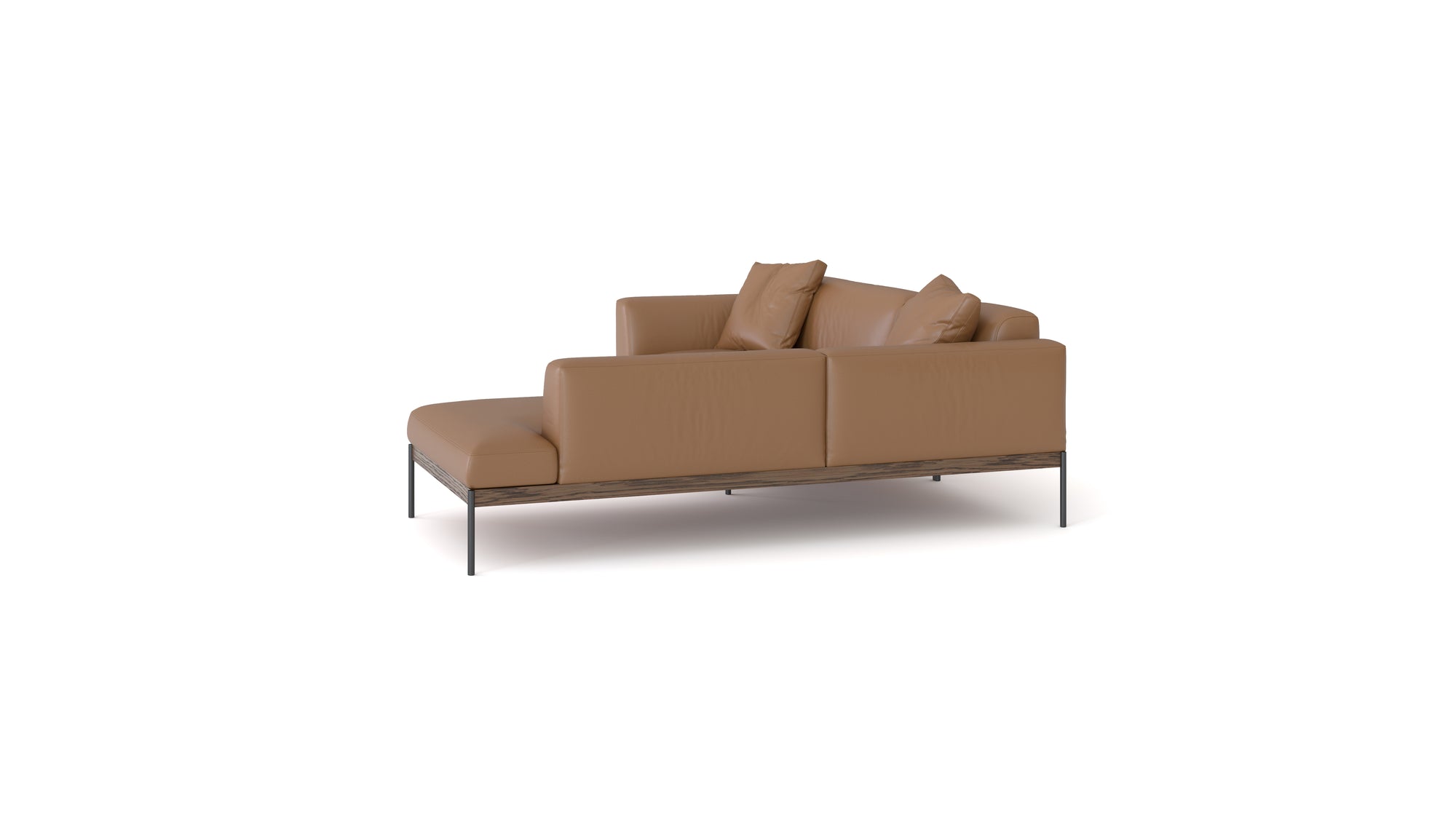 The Wooden Stories Department Modular Sofa | Leather • M5 Right is a modern, light brown sectional with metal legs, a solid wood base, two seat sections, and matching back and side cushions, shown against a plain white background.