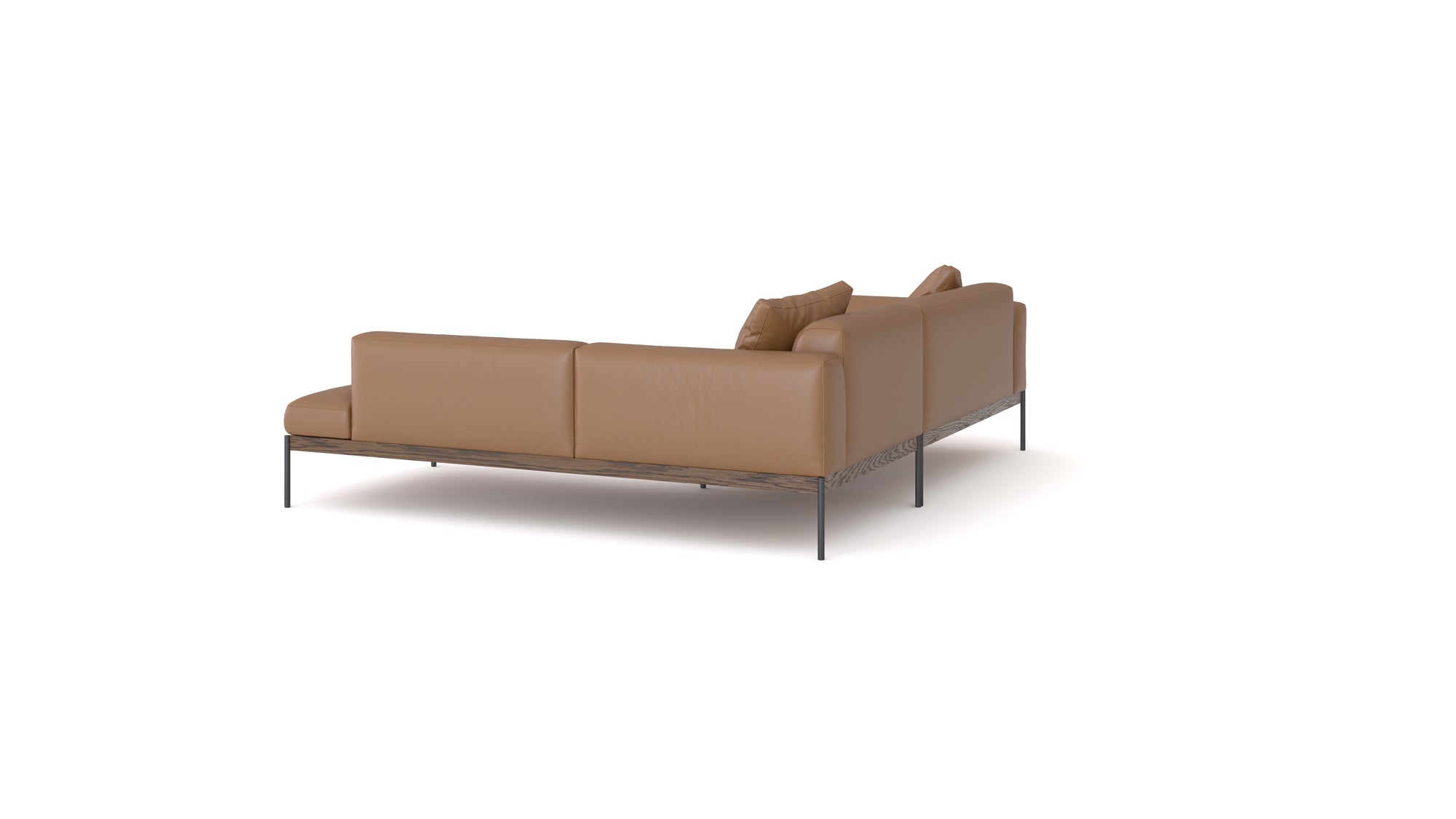 The Department Modular Sofa | Leather • M5 Right by Wooden Stories features modern brown leather upholstery, metal legs, and a solid wood base, shown from the back left corner against a white background.