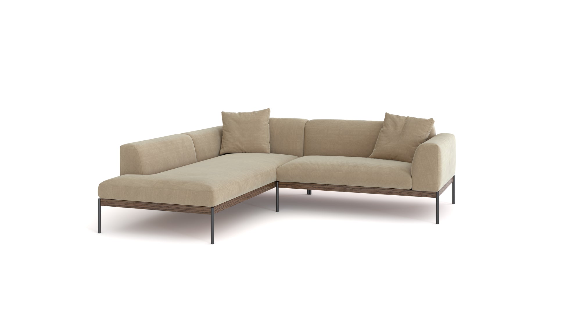 The Wooden Stories Department Modular Sofa | Fabric • M5 Left is a modern L-shaped beige sectional with slim black metal legs, four matching cushions, and a solid wood base, inspired by Danish collections.
