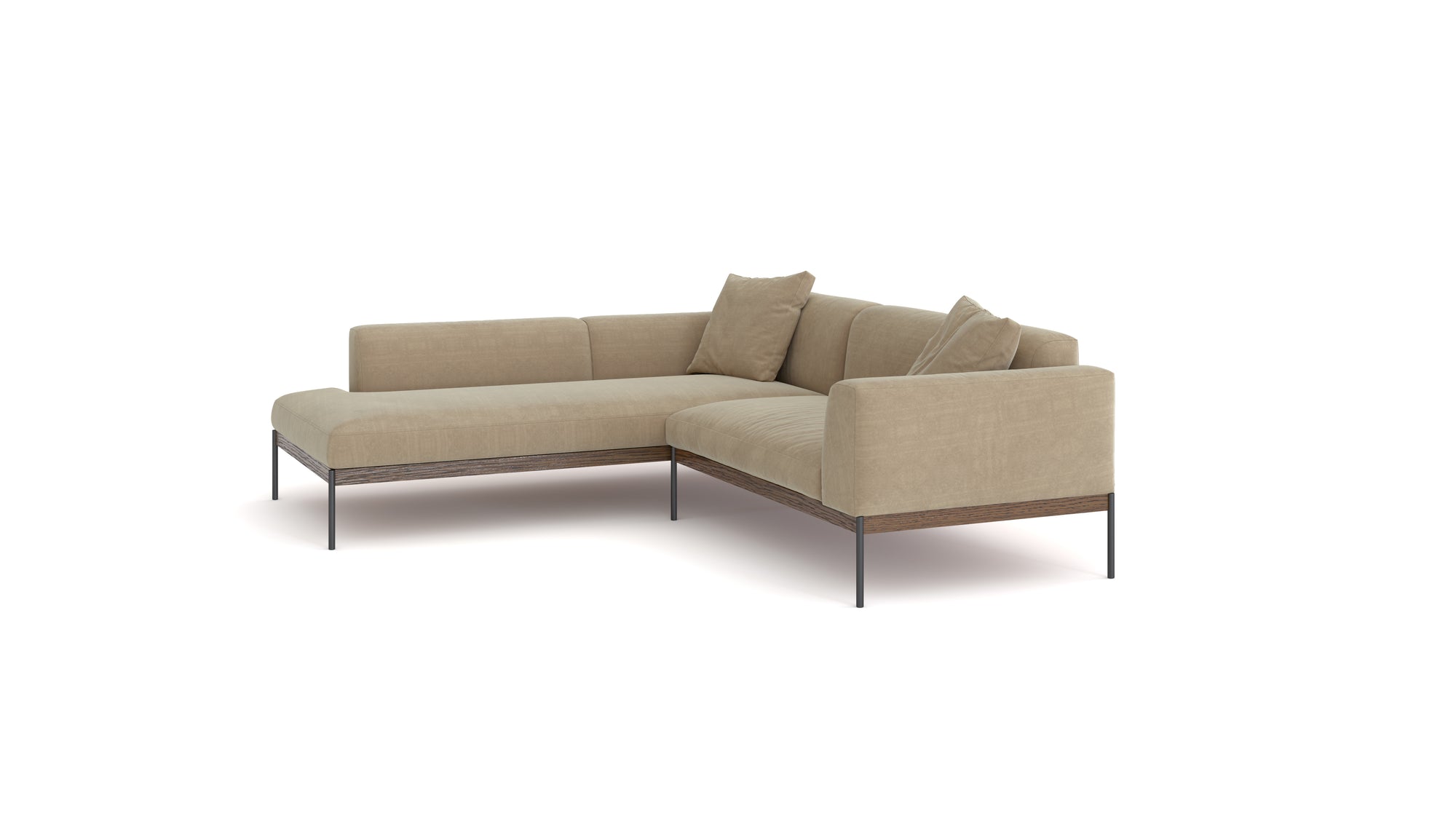 The Department Modular Sofa | Fabric • M5 Left by Wooden Stories is a modern L-shaped beige sectional with slim black metal legs and two matching cushions, inspired by Danish collections and shown on a white background.