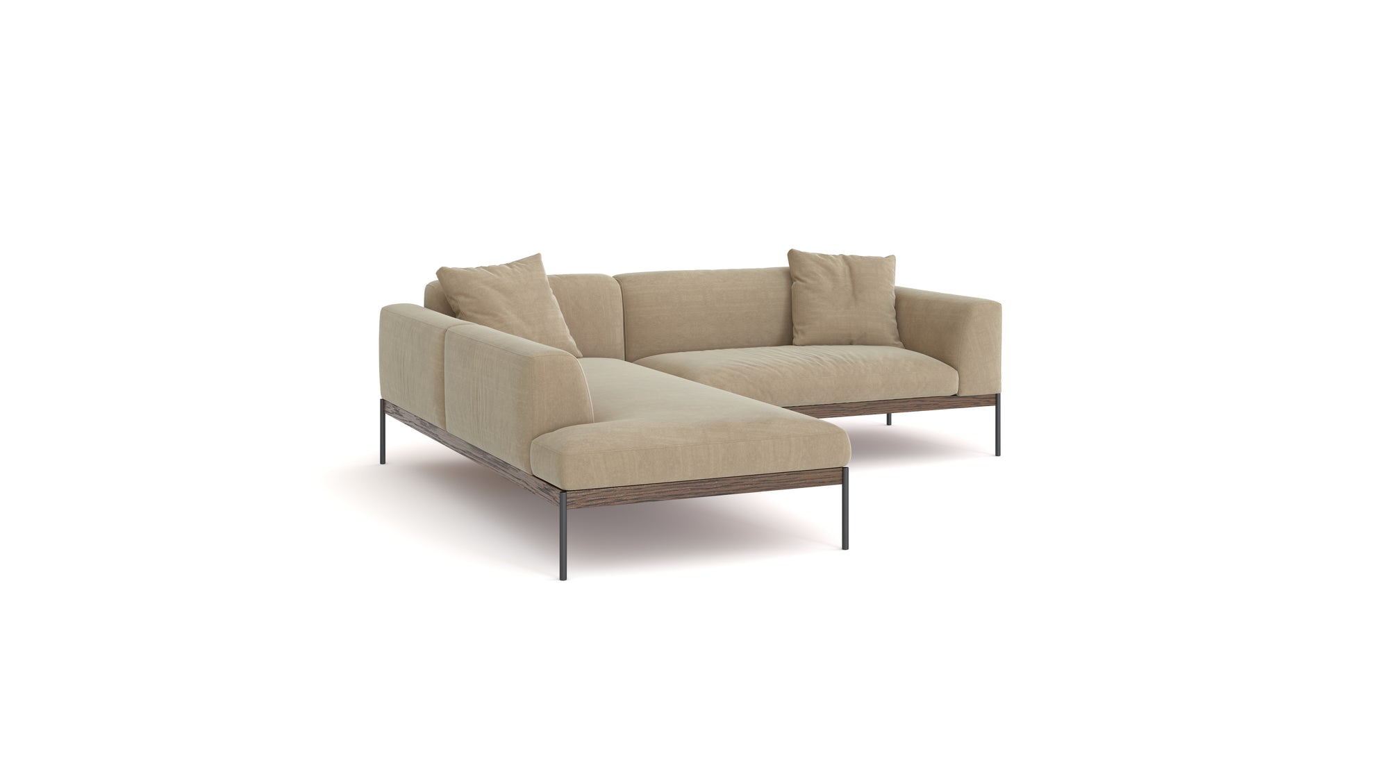The Wooden Stories Department Modular Sofa | Fabric • M5 Left is a modern L-shaped beige sectional with a solid wood base, metal legs, and three matching cushions, shown on a white background.