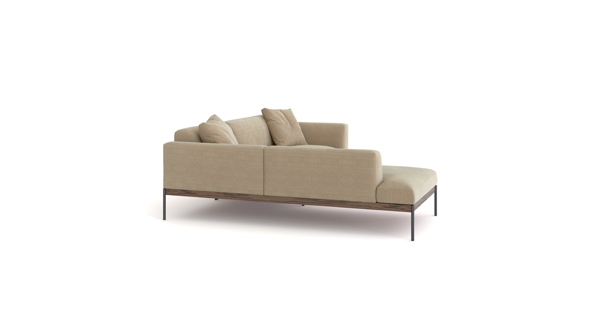 The Wooden Stories Department Modular Sofa | Fabric • M5 Left is a beige modern sectional with sleek metal legs, two seat cushions, four matching throw pillows, and a left chaise lounge, shown from the back at an angle on a white background.