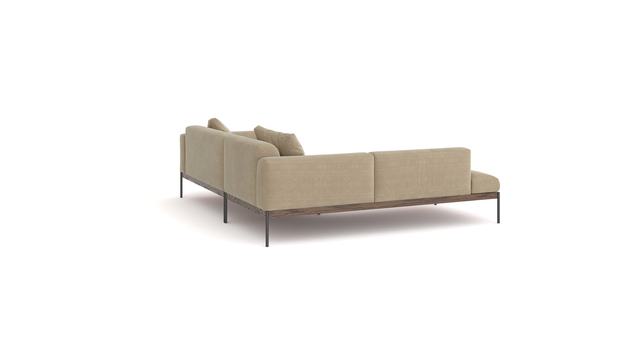 The Department Modular Sofa | Fabric • M5 Left by Wooden Stories is a beige, modern sectional with slim black metal legs and an FSC-certified oak wood base, shown from the back on a white background.
