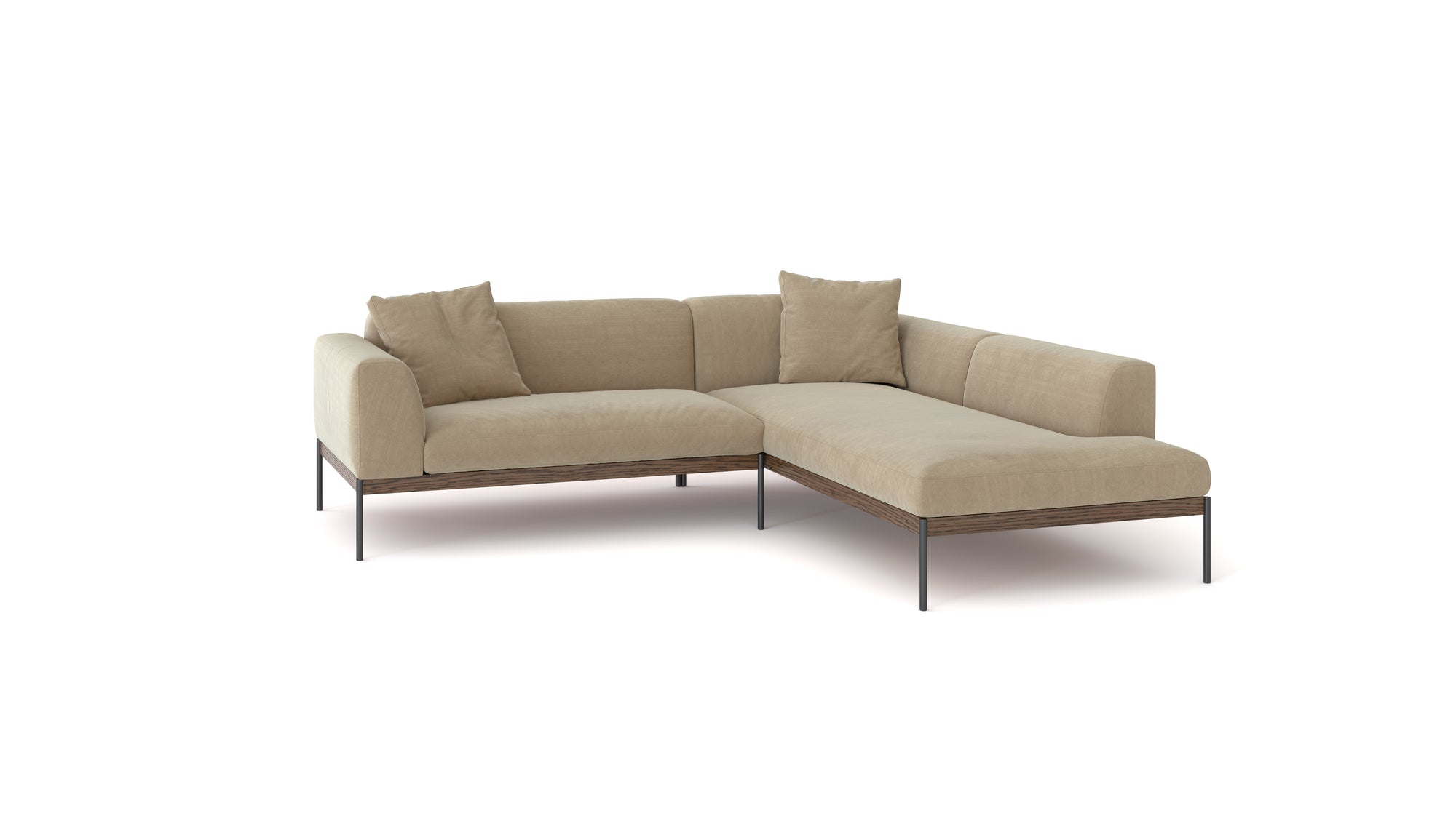The Wooden Stories Department Modular Sofa | Fabric • M5 Right, a modern L-shaped beige sectional with metal legs and two matching cushions, inspired by Danish collections, is set against a plain white background.