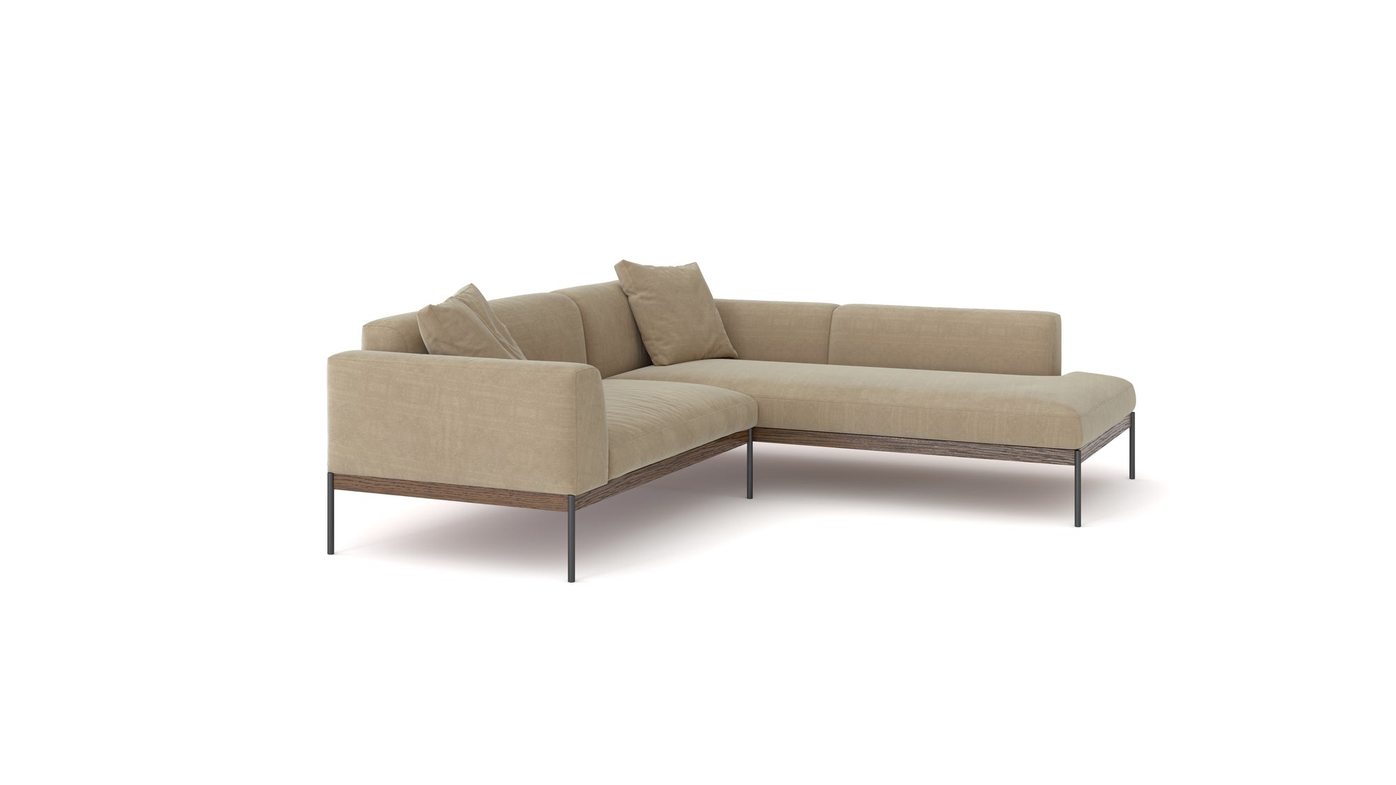 The Wooden Stories Department Modular Sofa | Fabric • M5 Right features a beige L-shaped design with metal legs, solid wood base, low backrest, and two matching throw pillows—pictured against a plain white background.