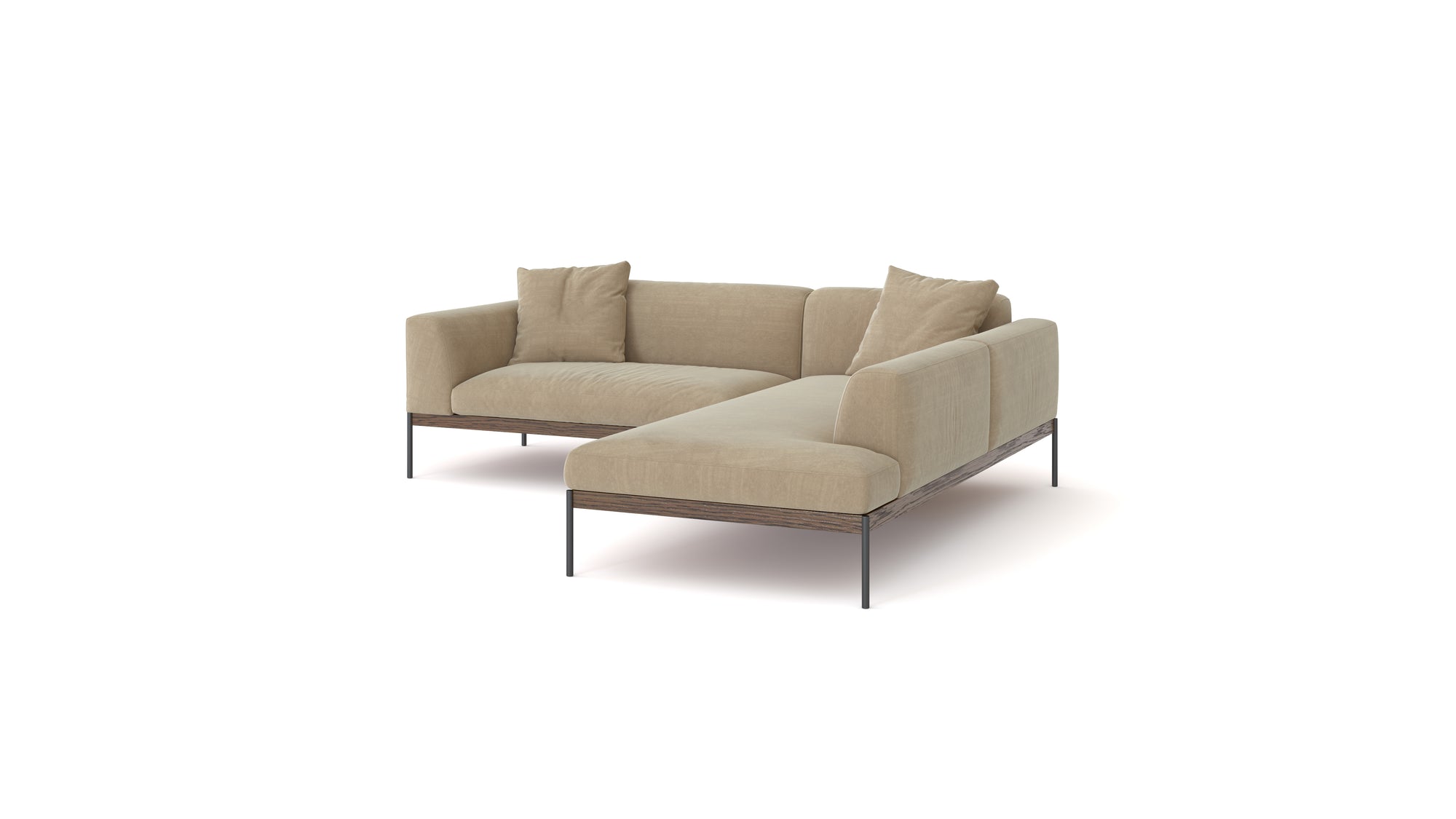 The Department Modular Sofa | Fabric • M5 Right by Wooden Stories is a modern beige L-shaped sectional with slim black metal legs, a solid wood base, and two matching cushions, inspired by Danish collections and shown on a white background.