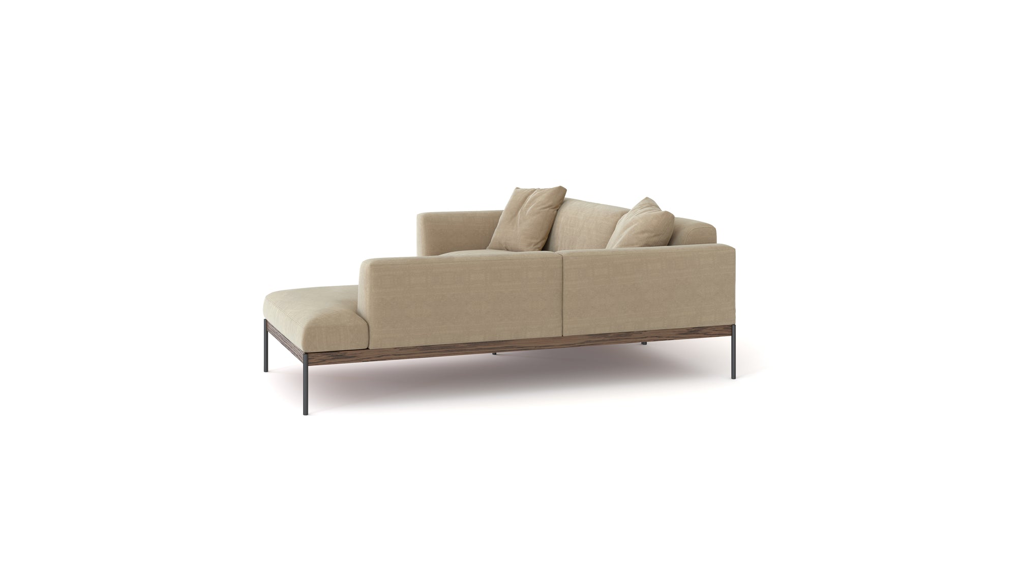 The Wooden Stories Department Modular Sofa | Fabric • M5 Right is a modern beige sectional with a chaise lounge, metal legs, FSC-certified oak accents, and three matching cushions, shown against a white background.