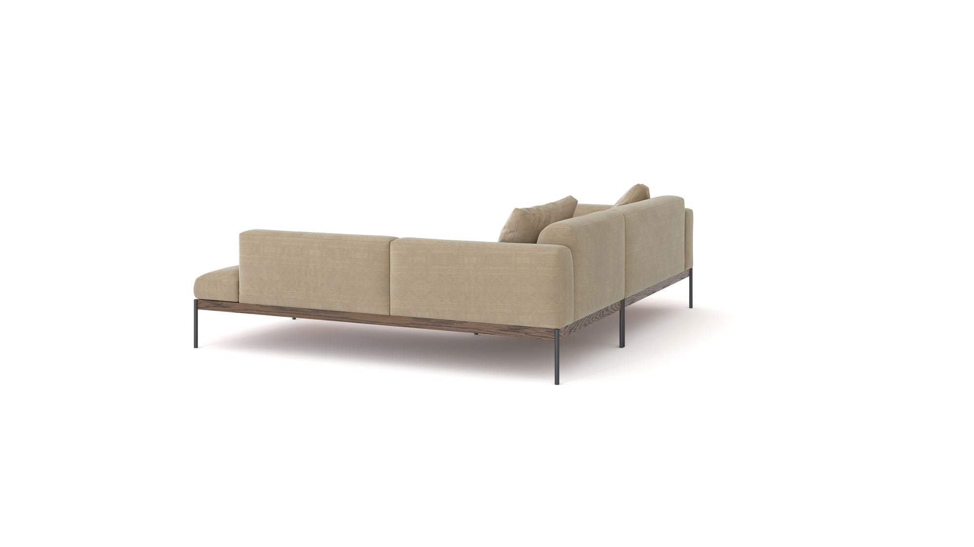 The Wooden Stories Department Modular Sofa | Fabric • M5 Right features a beige, modern minimalist design with slim metal legs, an FSC-certified oak base, and three seat cushions, shown from the back on a white background.