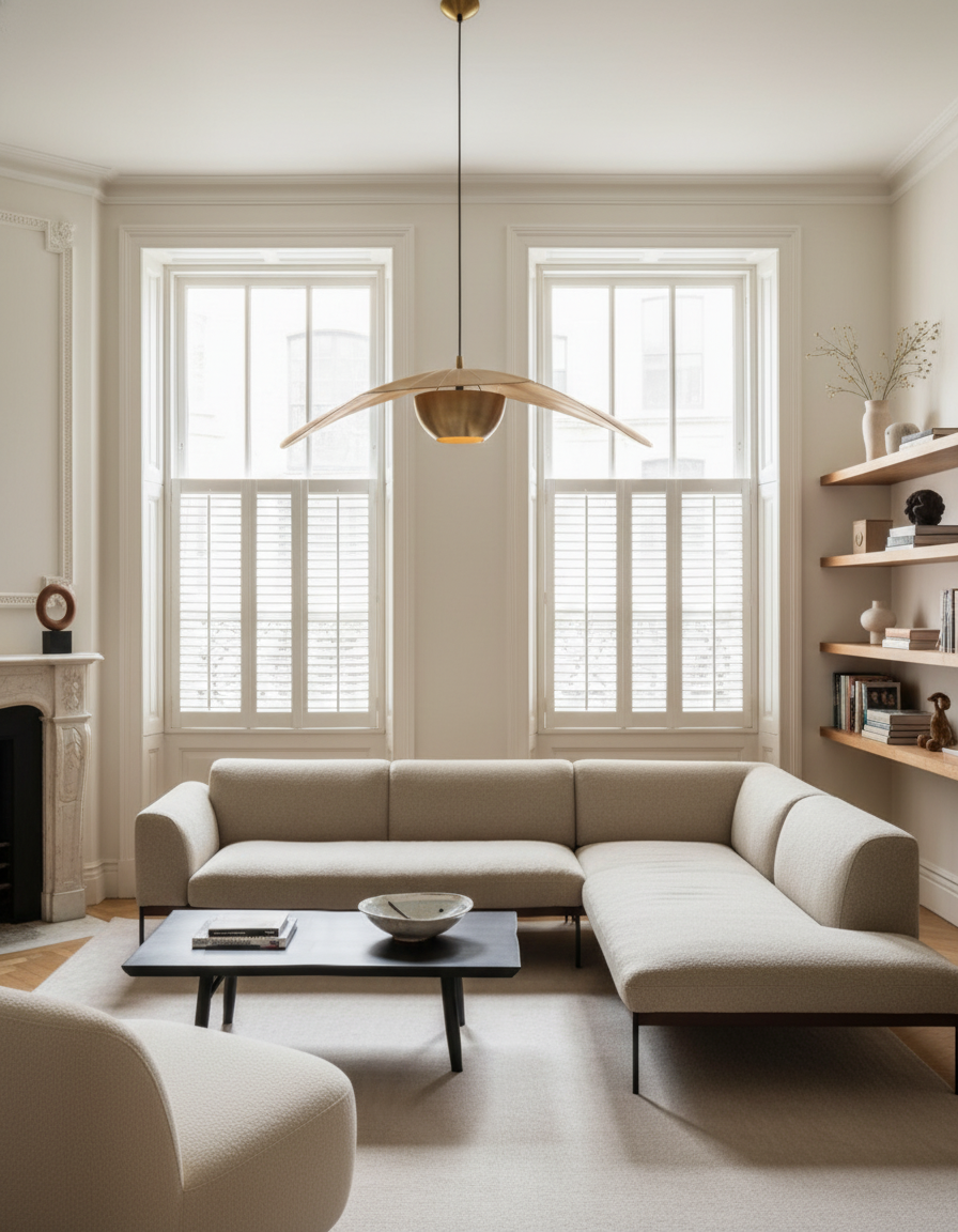 A bright, modern living room with cream walls, a large L-shaped sofa, a SOBU Mars Live Edge Coffee Table in Black Ash, a minimalist pendant light, built-in shelves with decor, and two tall windows with white shutters.