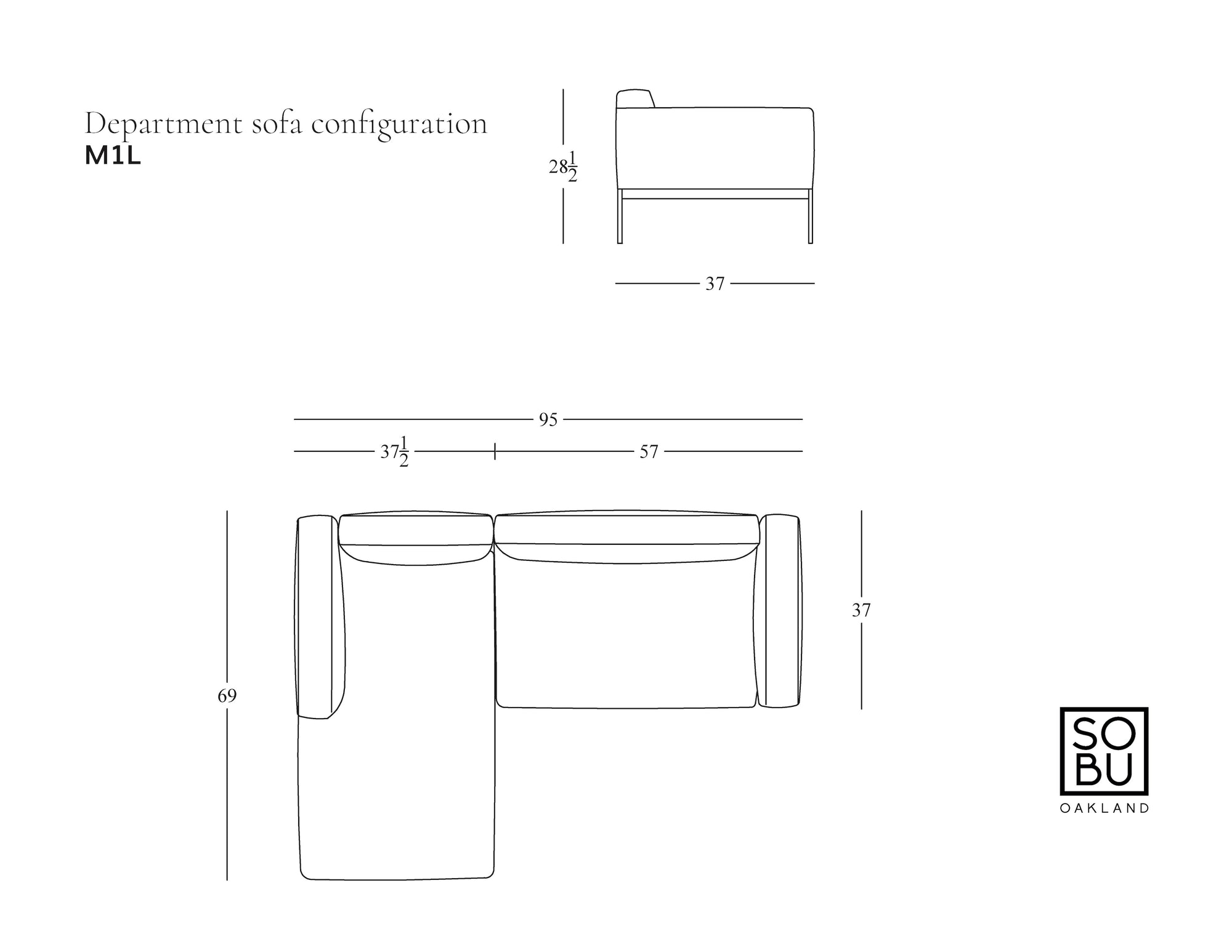 Line drawing of Department Modular Sofa | Leather • M1 Left by Wooden Stories, showing labeled dimensions: 284 cm high, 95 cm long, 69 cm wide on one side, with a solid wood base. Text: Department sofa M1L from our Danish collections. SOBU Oakland logo.