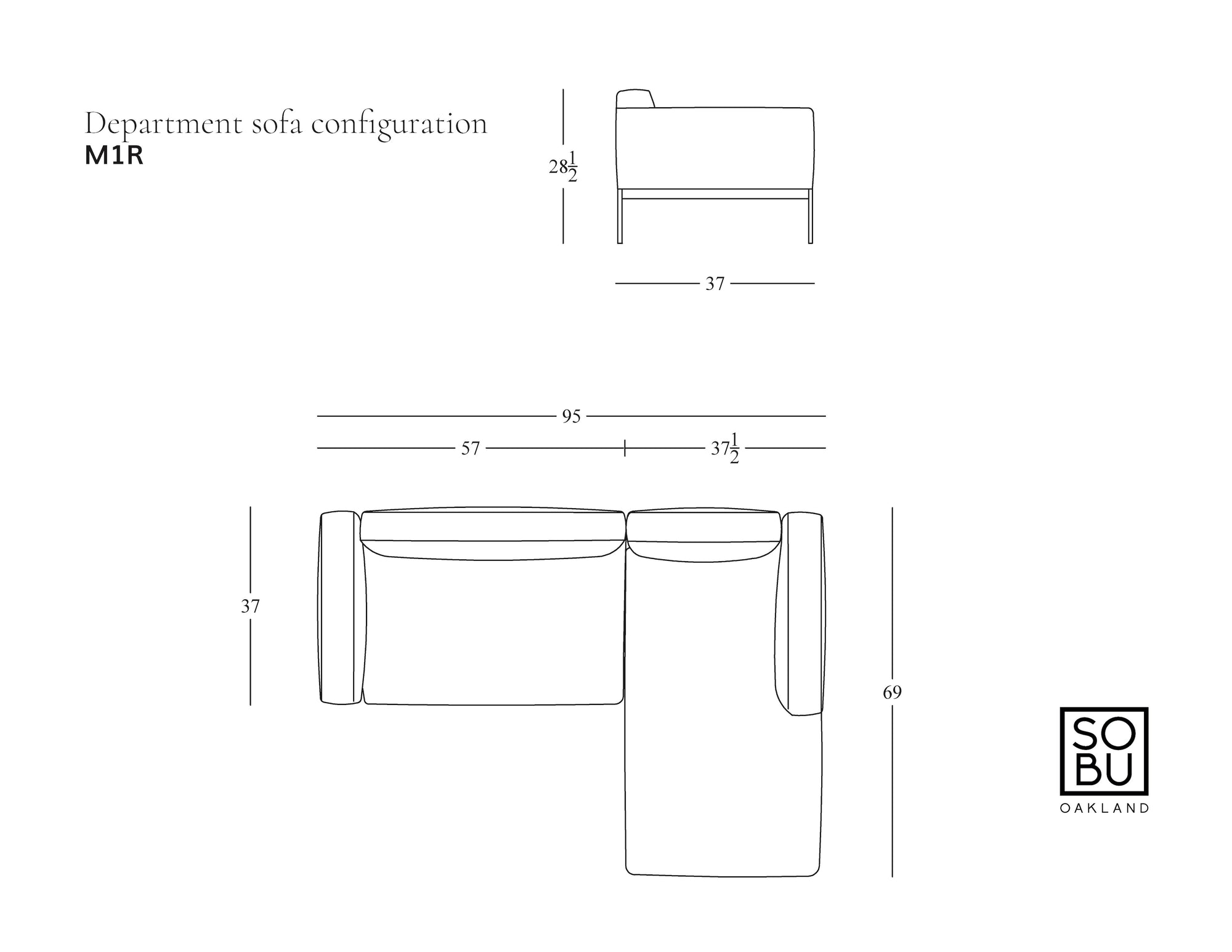 Line drawing of the Wooden Stories Department Modular Sofa | Leather • M1 Right, featuring a solid wood base. Dimensions: 95&quot; W x 69&quot; D x 28&quot; H, seat depth 37&quot;. SOBO Oakland logo appears in the lower right corner.