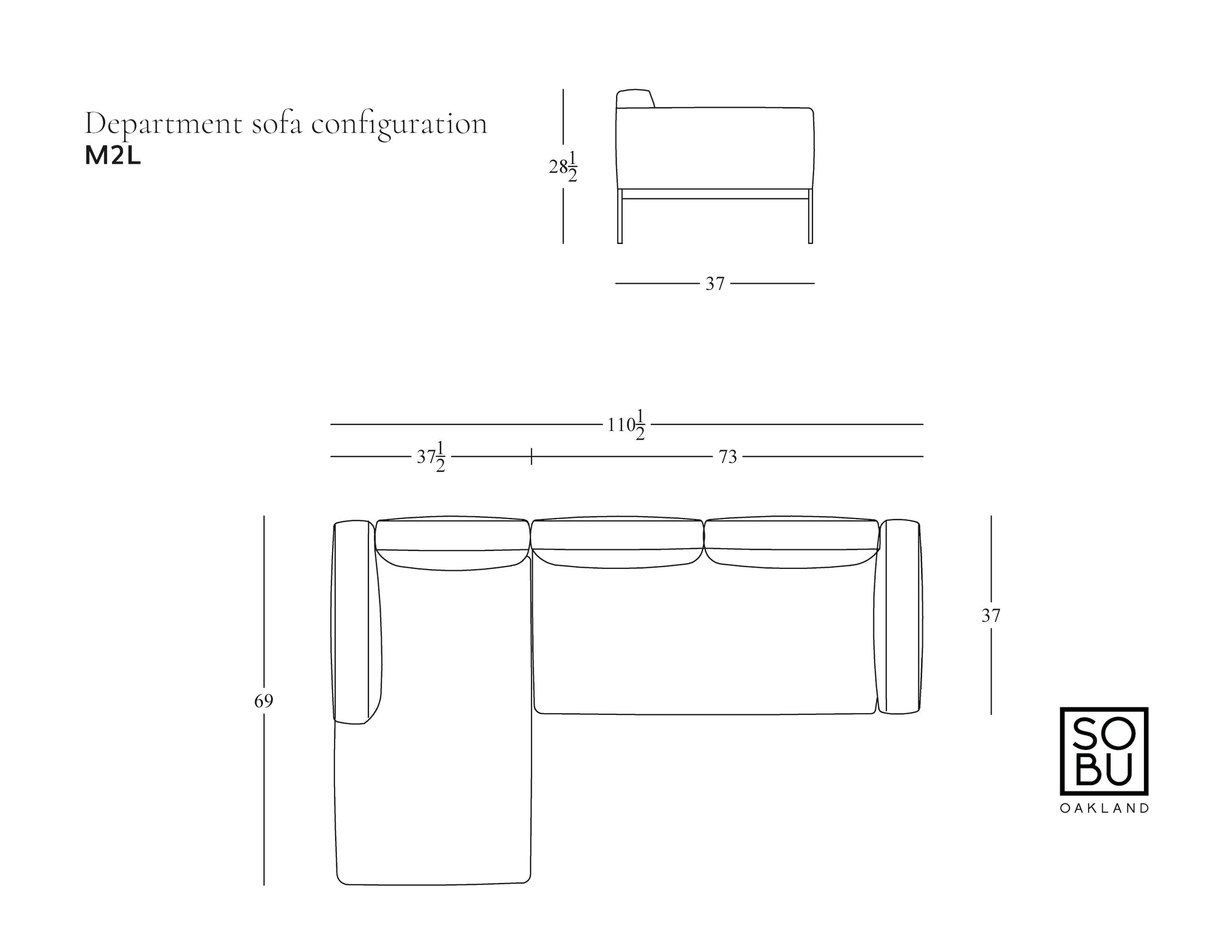 Line drawing of the Department Modular Sofa | Fabric • M2 Left by Wooden Stories, left-facing L-shape (110&quot;W x 69&quot;D x 28&quot;H, short side 37&quot;W), solid wood base inspired by Danish design. SOBU Oakland logo at bottom right.