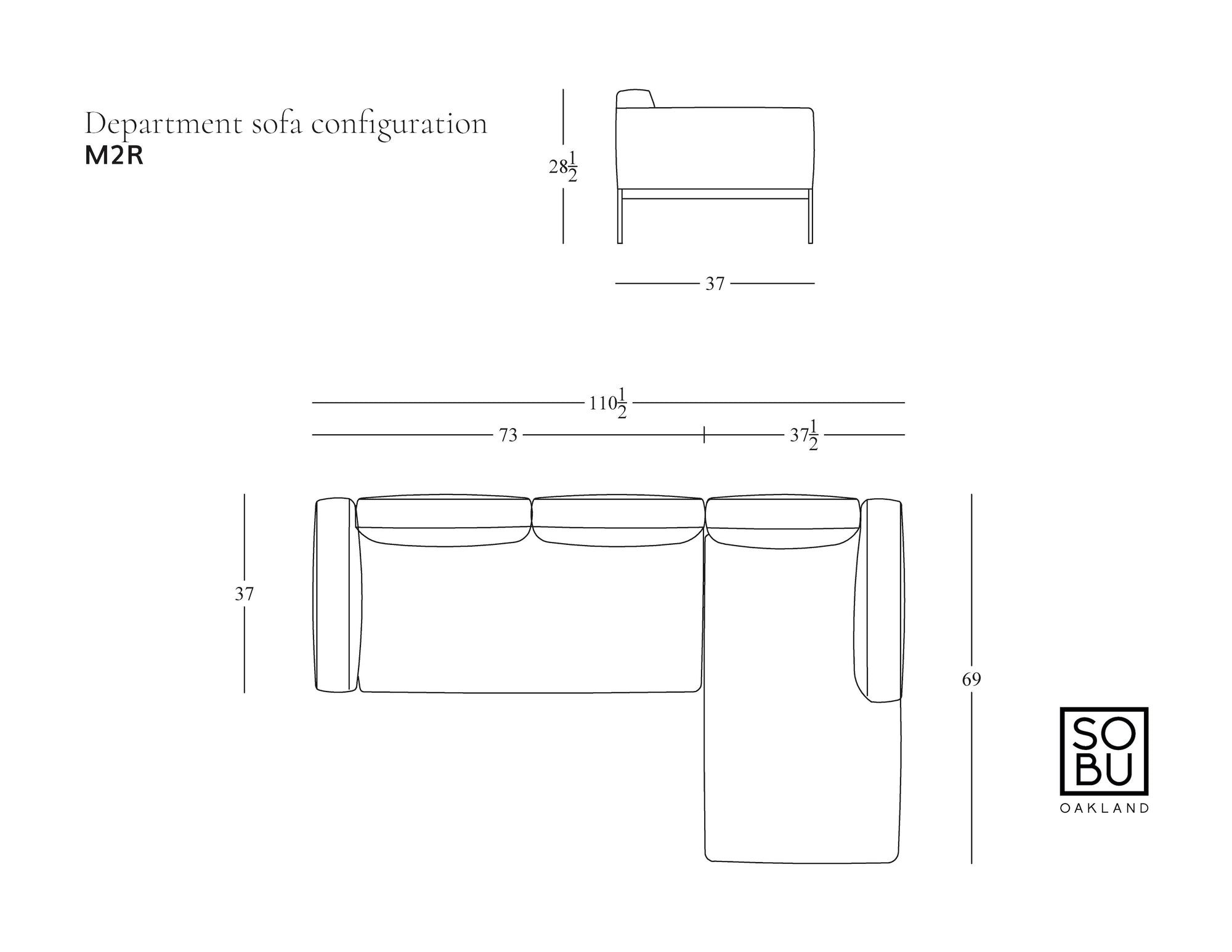 Line drawing of the Department Modular Sofa | Leather • M2 Right by Wooden Stories, L-shaped with labeled dimensions: 110&quot; wide, 69&quot; chaise depth, 37&quot; high; includes side and top views. SOBU Oakland logo at lower right. Inspired by Danish collections.
