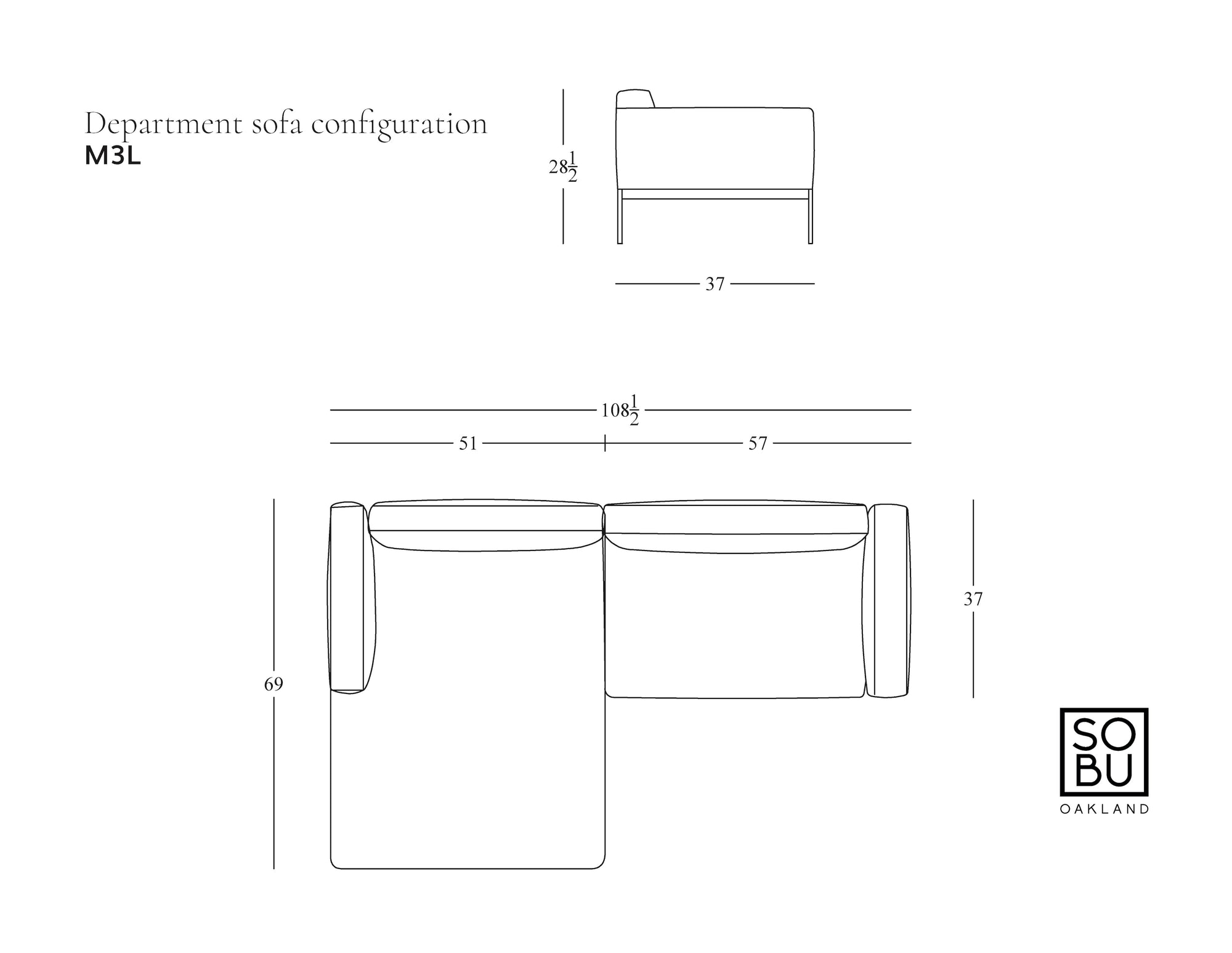 Line drawing of the Wooden Stories Department Modular Sofa | Fabric • M3 Left: 108&quot; wide, 69&quot; deep (left), and 37&quot; tall, with a solid wood base inspired by Danish design. Wooden Stories logo appears in the bottom right corner.