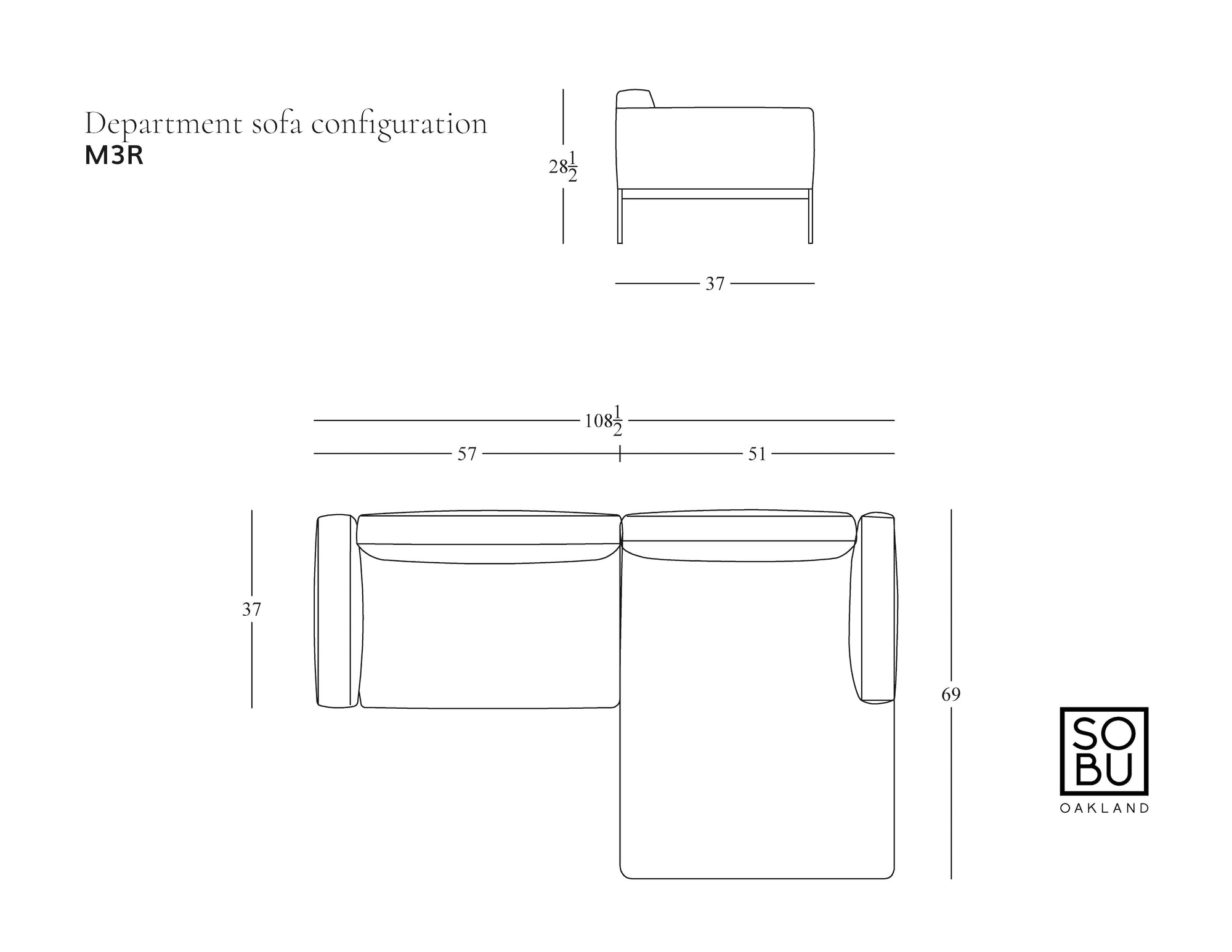 Line drawing shows top and side views of the Department Modular Sofa | Leather • M3 Right by Wooden Stories, with dimensions in inches: 108W x 69D x 28H. Features a solid wood base inspired by Danish design. SOBU Oakland logo in lower right corner.