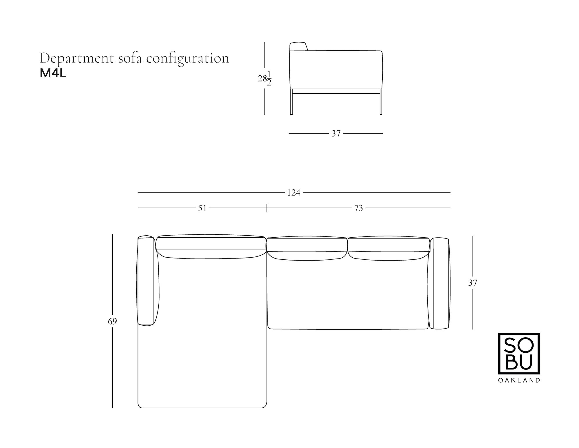 Line drawing of the Wooden Stories Department Modular Sofa | Leather • M4 Left, showing measurements: 124&quot; wide, 73&quot; chaise length, 69&quot; depth, and 28&quot; height. Solid wood base; logos in corners.