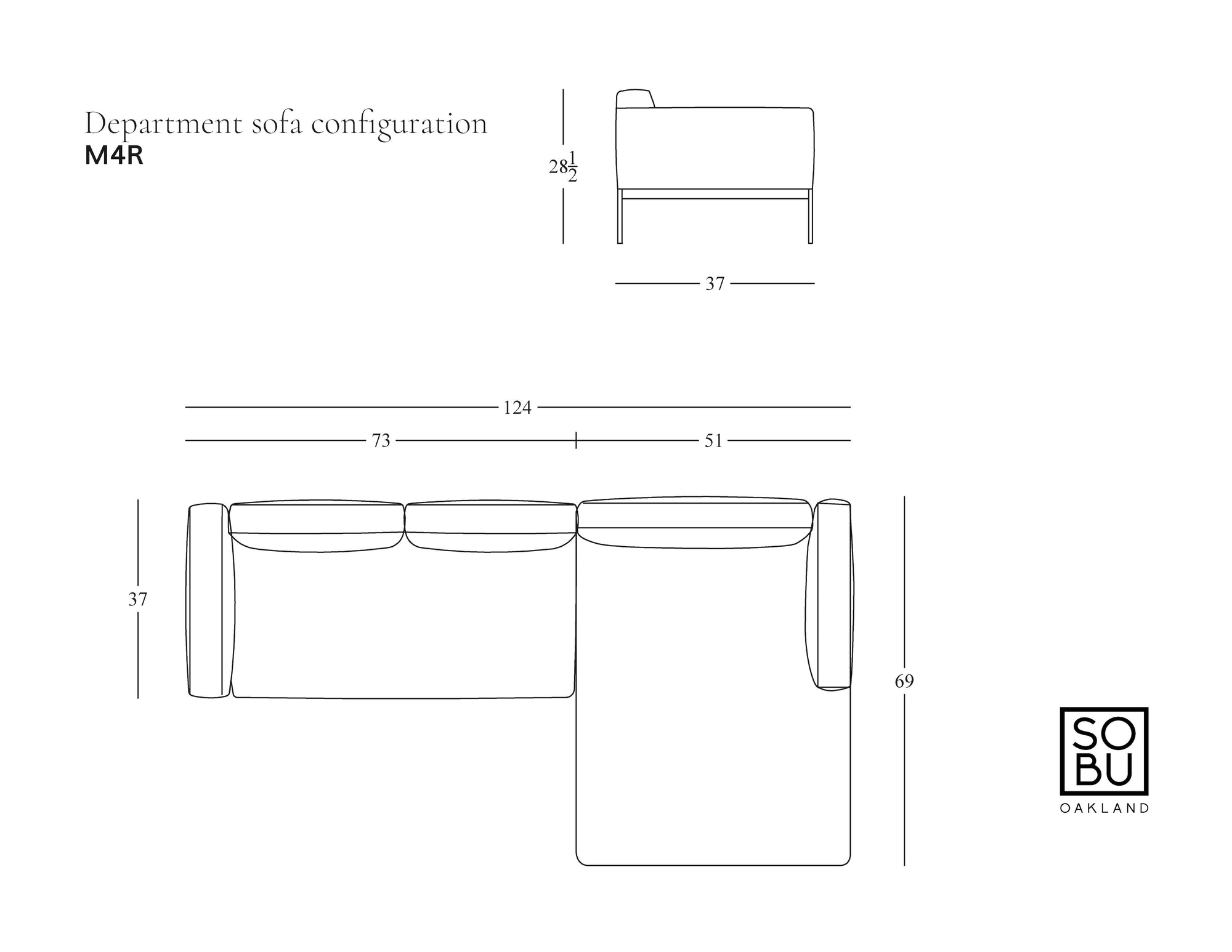 Line drawing of Wooden Stories Department Modular Sofa | Leather • M4 Right: 73&quot; &amp; 124&quot; sides, 37&quot; seat depth, 69&quot; chaise, 28&quot; height. Features solid FSC-certified oak base and logo; “Department sofa configuration M4R.”.