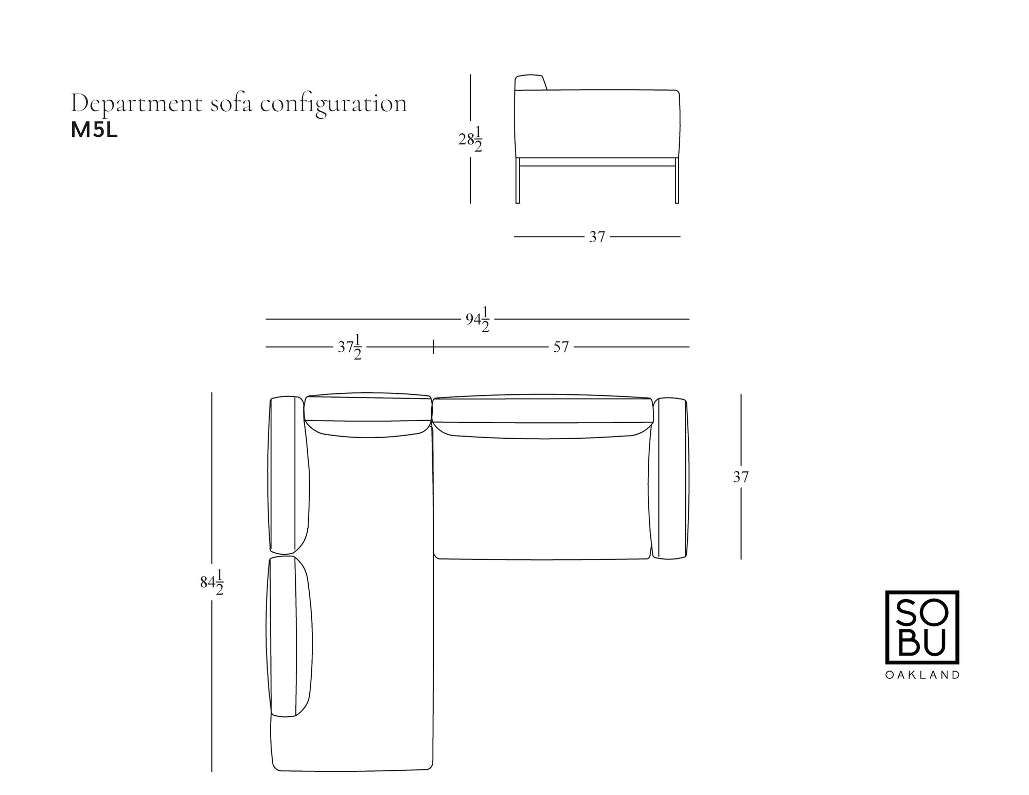 Line drawing of the Wooden Stories Department Modular Sofa | Leather • M5 Left, dimensions: 84.5&quot; x 94.5&quot; overall; sides 37&quot; and 57&quot; wide; seat depth 28&quot;; solid wood base; SOBU Oakland logo at bottom right.