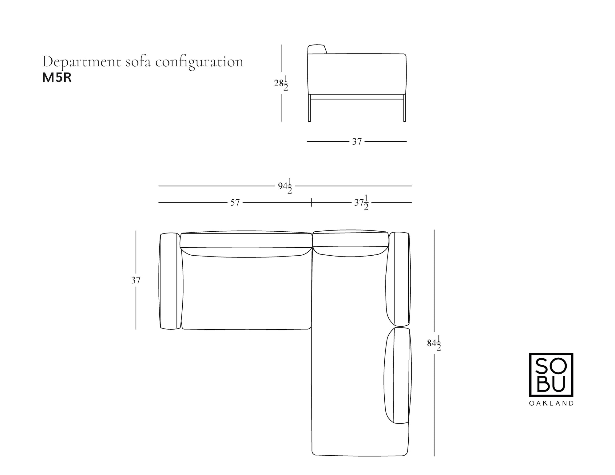 Line drawing of the Department Modular Sofa | Fabric • M5 Right by Wooden Stories, L-shaped with a solid wood base; overall dimensions 94.5&quot; x 84.5&quot;, seat depths and lengths marked. SOBU Oakland logo at bottom right.