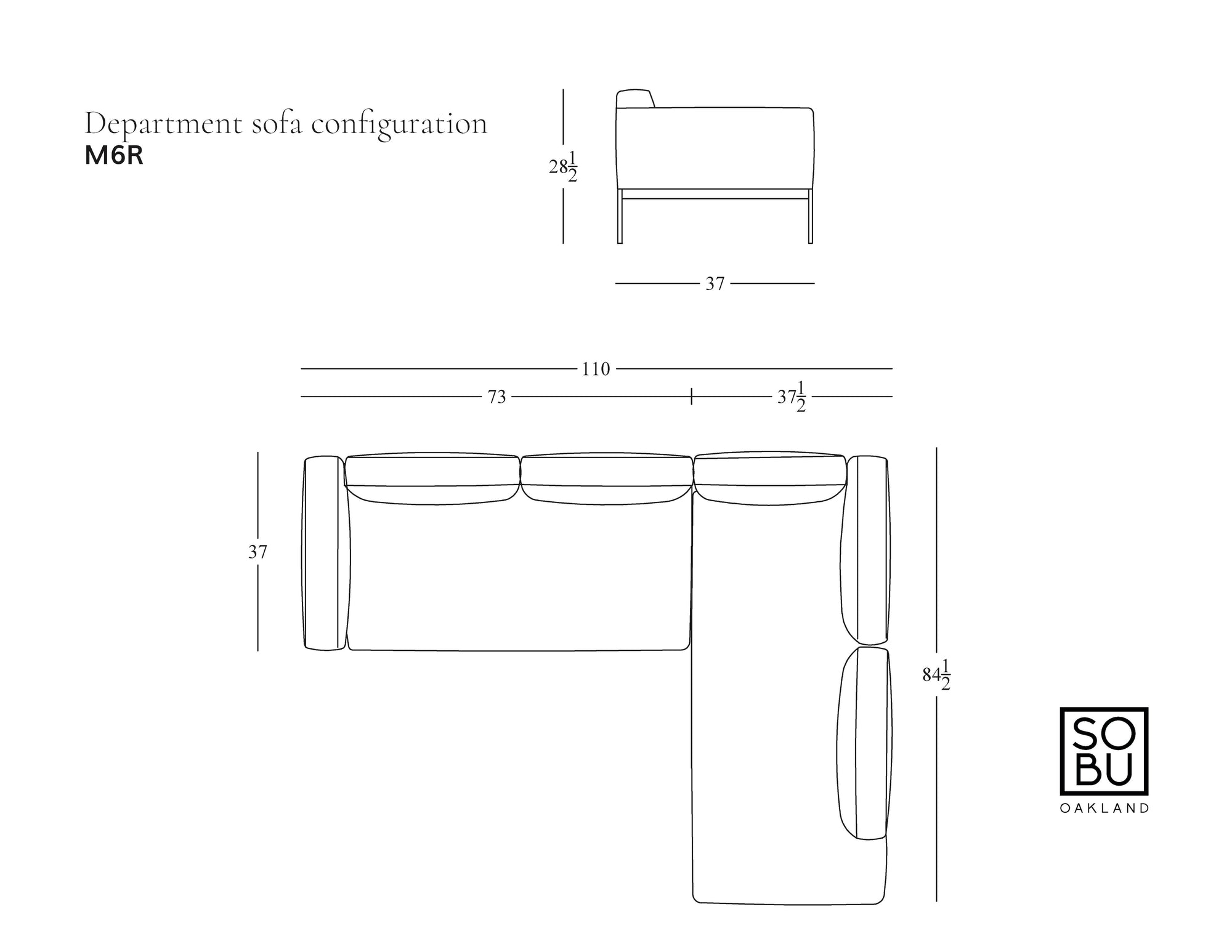 Line drawing of the Department Modular Sofa | Leather • M6 Right by Wooden Stories (L-shaped, 110" x 84.5"). Seat depths and widths shown. Solid wood base inspired by Danish design. Wooden Stories logo in bottom right corner.