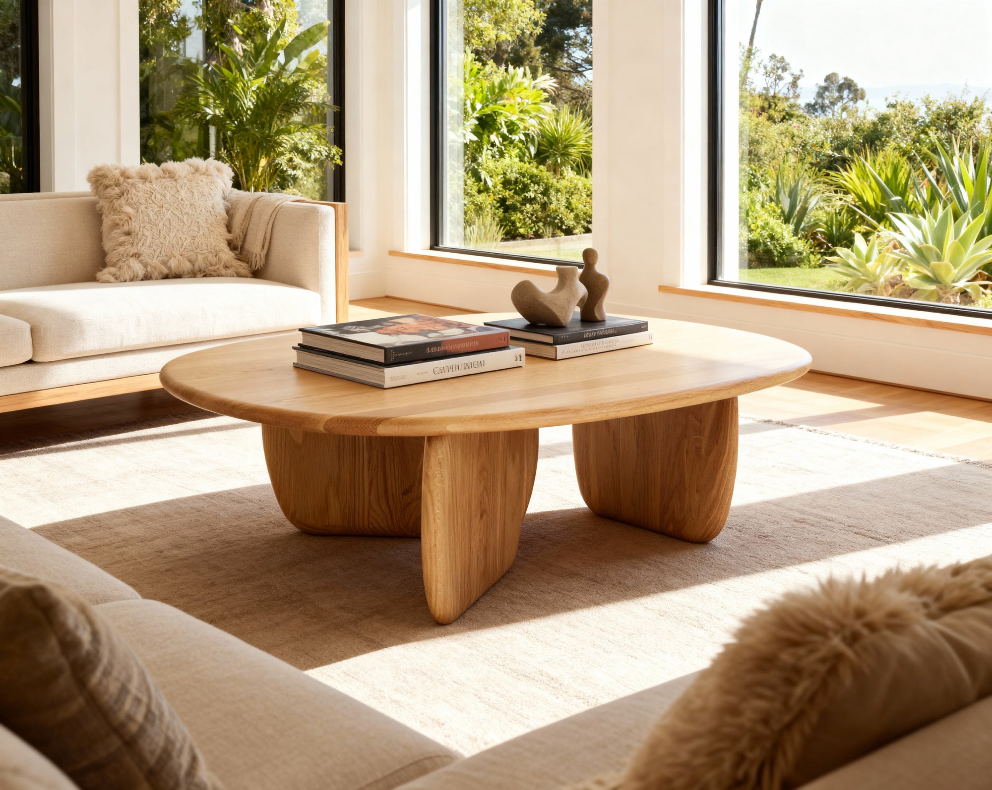 A sunlit living room features the Eden Coffee Table in Light Oak by Wooden Stories, complemented by decorative books and sculptures. Beige sofas with textured cushions encircle the table, while large windows showcase a lush garden view.