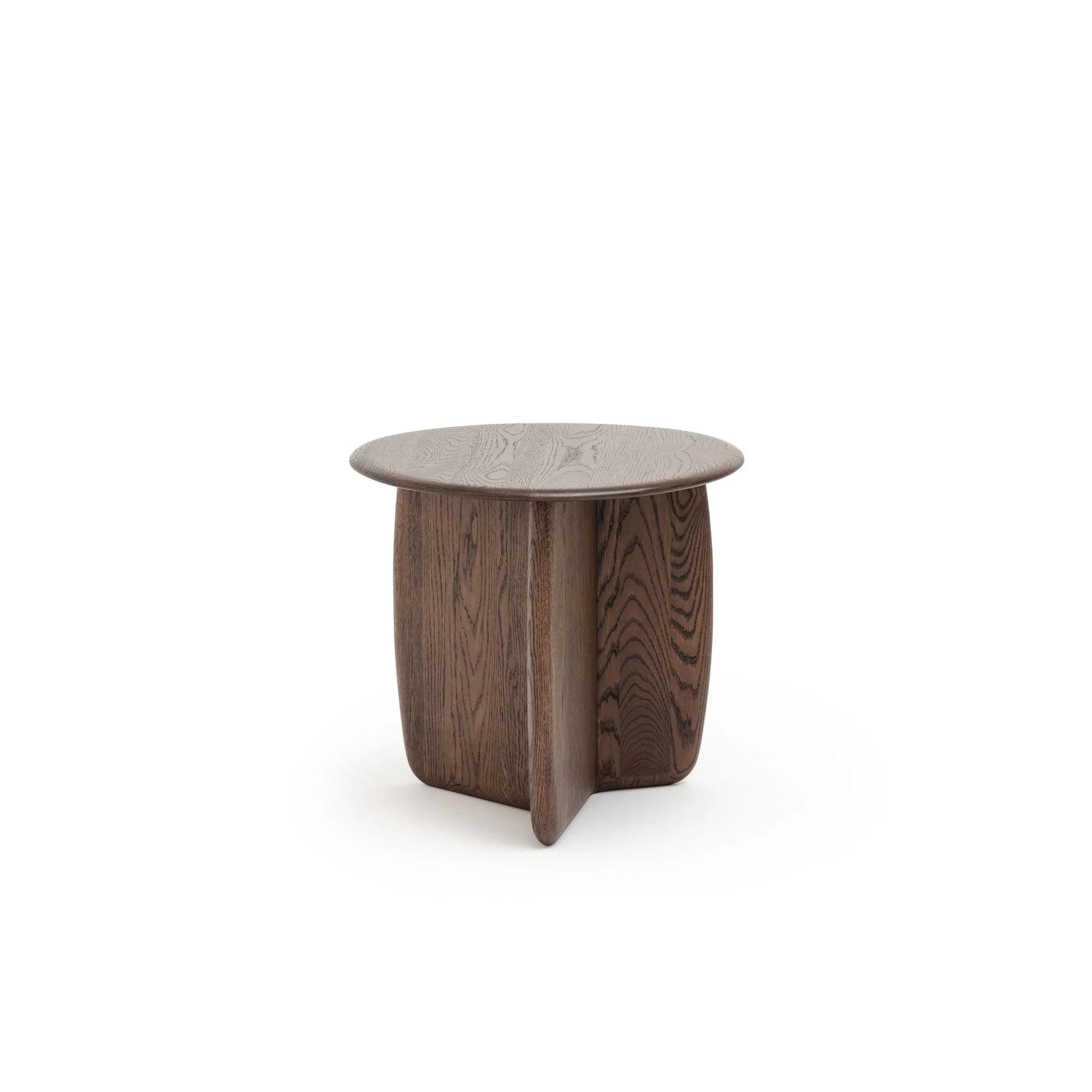 The Eden Side Table | Espresso Oak by Wooden Stories is a small, round solid wood table with a flat top and an intersecting base, crafted from American oak in a minimalist Scandinavian style, shown on a plain white background.