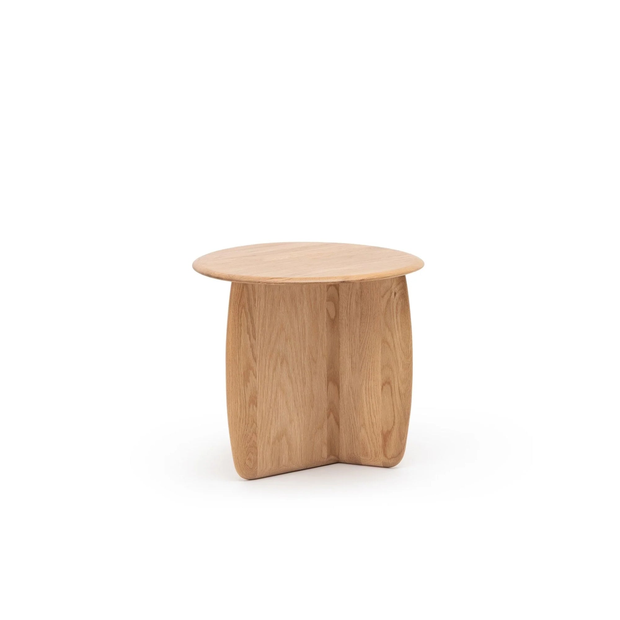 The Eden Side Table | Light Oak by Wooden Stories is a small, round Scandinavian piece crafted from American oak with two intersecting curved legs, shown against a plain white background.