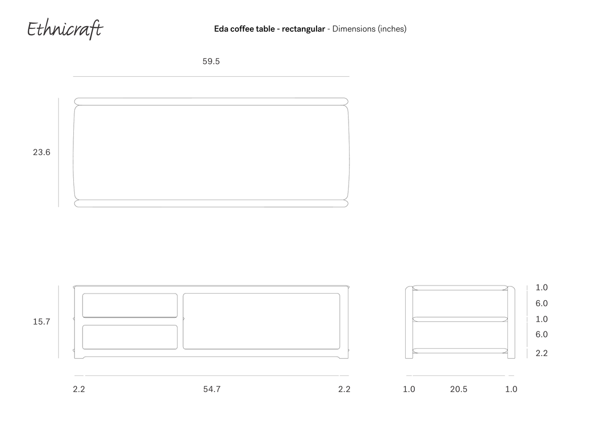 Line drawings of the Eda Coffee Table by Ethnicraft, with dimensions labeled in inches: 59.5″ wide, 23.6″ deep, and 15.7″ high. The side and front views illustrate the shelf and compartment details, highlighting European craftsmanship reminiscent of Ethnicraft’s signature style. The Ethnicraft logo appears at the top left, evoking the refined aesthetic typical of mahogany occasional tables.