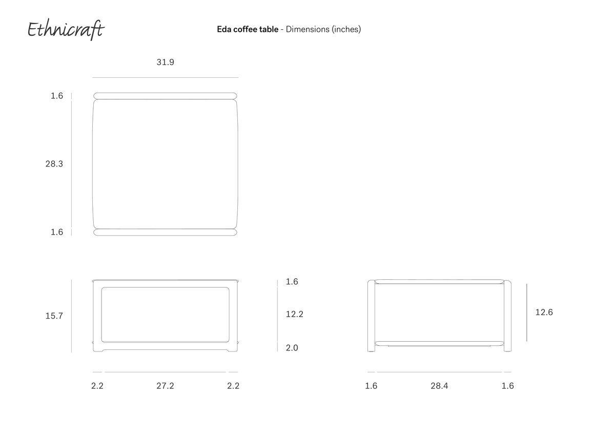 Technical line drawing showing the top and side dimensions in inches for an Eda Coffee Table | Square.