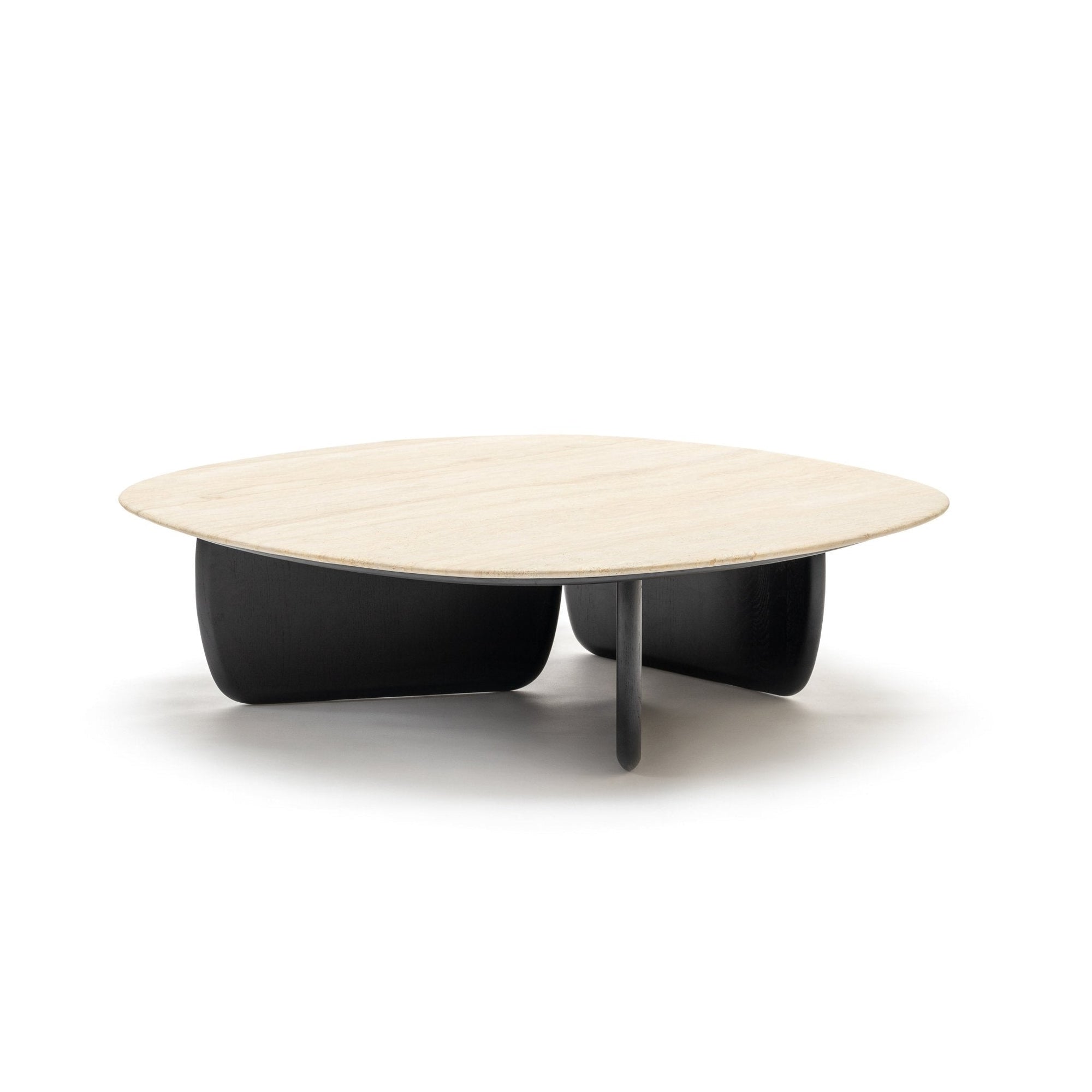 The Wooden Stories Eden Coffee Table | Black Oak - Stone Top features Scandinavian simplicity with a light stone rectangular top and three curved black supports arranged in a cross, set against a white background.