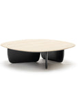 The Wooden Stories Eden Coffee Table | Black Oak - Stone Top features Scandinavian simplicity with a light stone rectangular top and three curved black supports arranged in a cross, set against a white background.