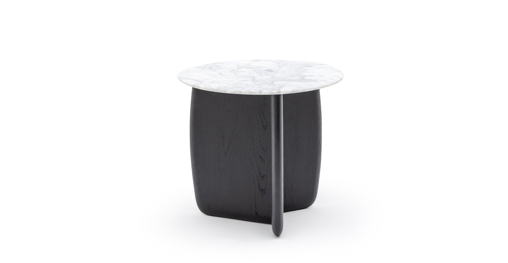 The Eden Side Table | Stone Top by Wooden Stories features a round white marble top and a black American oak X-shaped base, combining minimalistic elegance with Scandinavian-inspired design. Set against a white background.