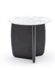 The Eden Side Table | Stone Top by Wooden Stories features a round white marble top and a black American oak X-shaped base, combining minimalistic elegance with Scandinavian-inspired design. Set against a white background.