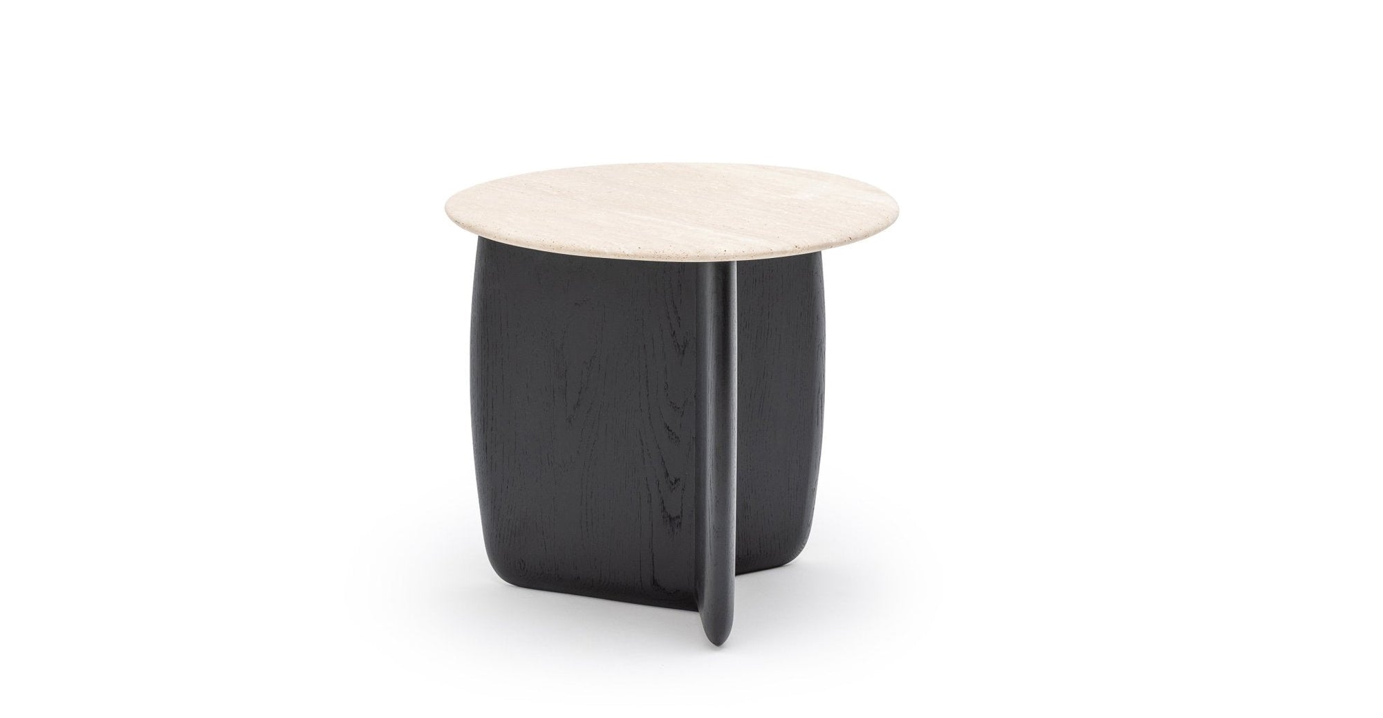 The Eden Side Table | Stone Top by Wooden Stories features a round, light-colored stone top and an intersecting solid wood base. Shown against a white background, its contract grade construction offers lasting durability.