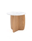 The Eden Side Table | Stone Top by Wooden Stories features a white marble top and intersecting American oak base, embodying Scandinavian simplicity, shown against a plain white background.