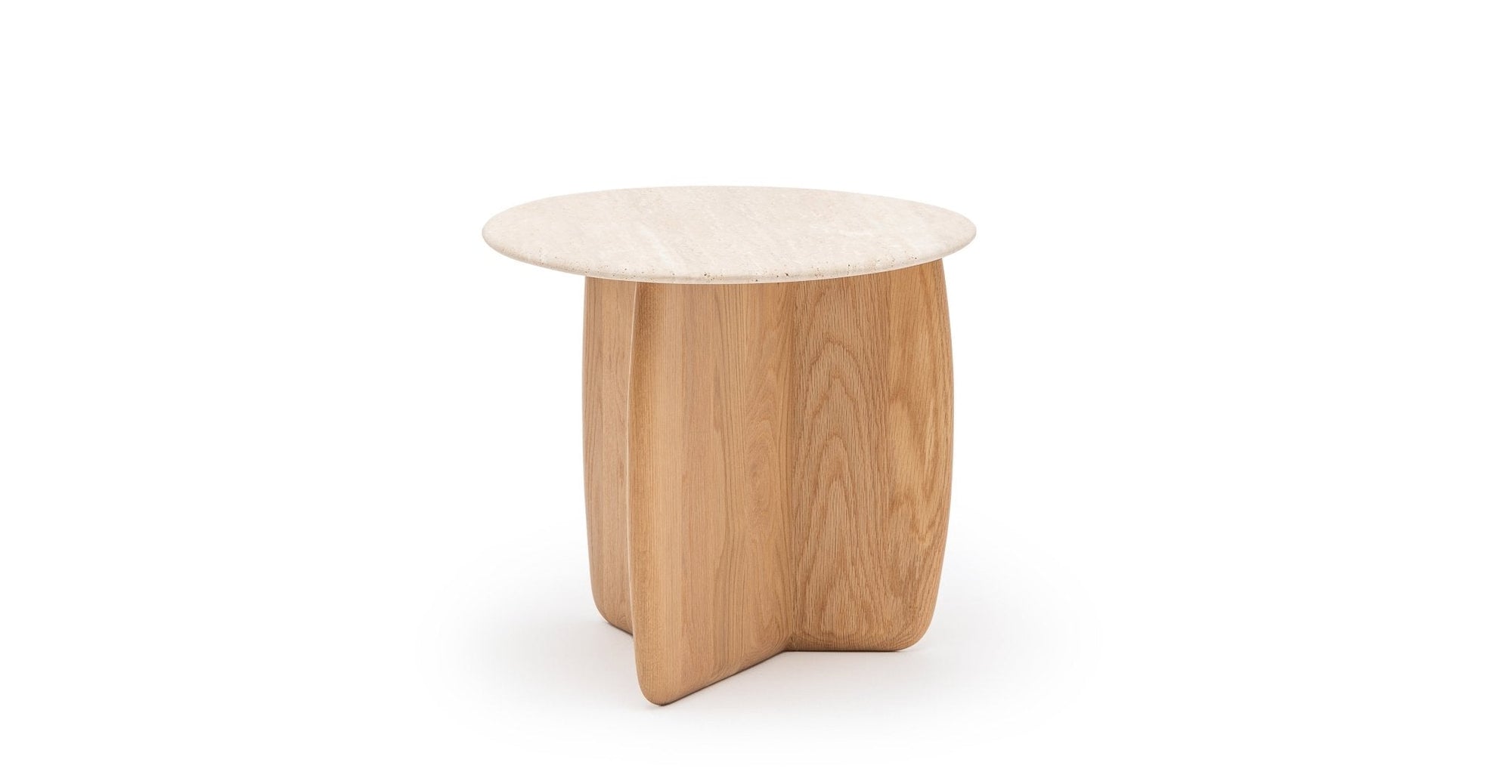 The Eden Side Table by Wooden Stories features a round stone top and a solid wood base with two interlocking curved panels, inspired by Scandinavian design, shown against a white background.