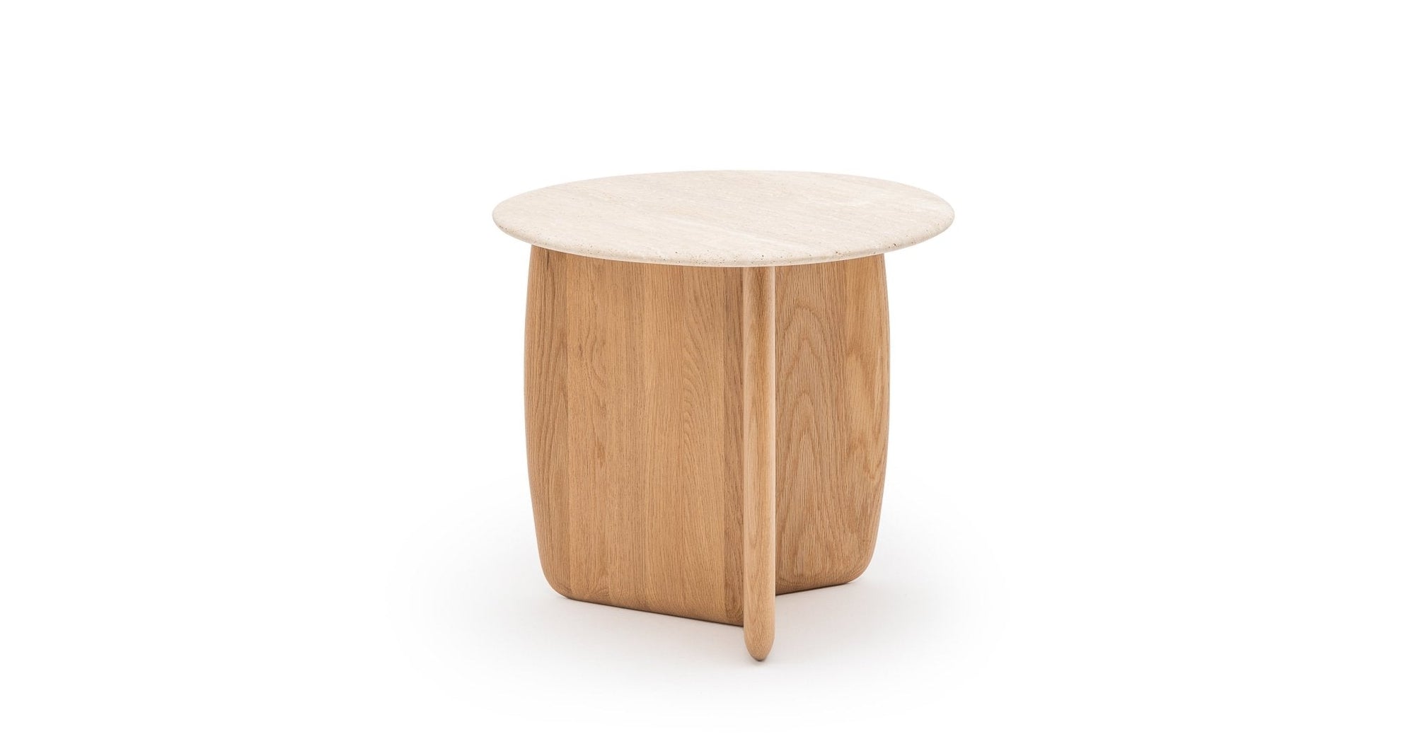 The Eden Side Table | Stone Top by Wooden Stories is a small, modern Scandinavian piece featuring a round light-colored top, intersecting wooden legs for a sturdy base, and minimalist design with smooth natural wood grain.