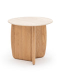 The Eden Side Table | Stone Top by Wooden Stories is a small, modern Scandinavian piece featuring a round light-colored top, intersecting wooden legs for a sturdy base, and minimalist design with smooth natural wood grain.
