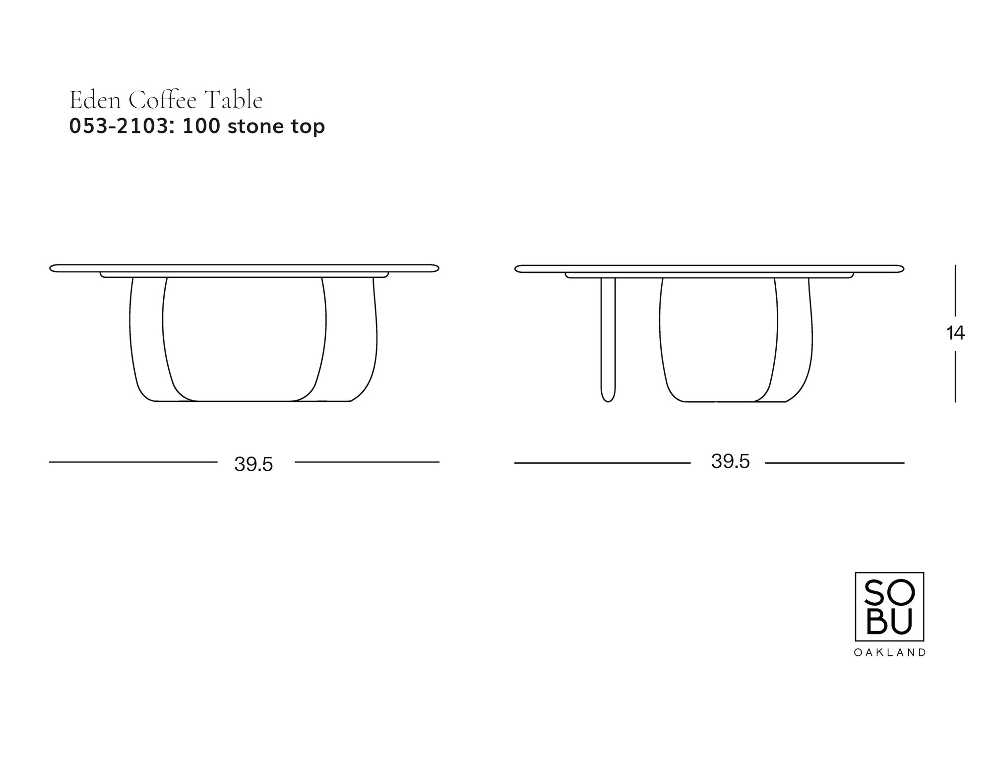 Minimalist line drawing of the Eden Coffee Table | Light Oak by Wooden Stories in Scandinavian style, front and side views with 39.5" width x 14" height, model details, brand logo, and a 100 stone top.