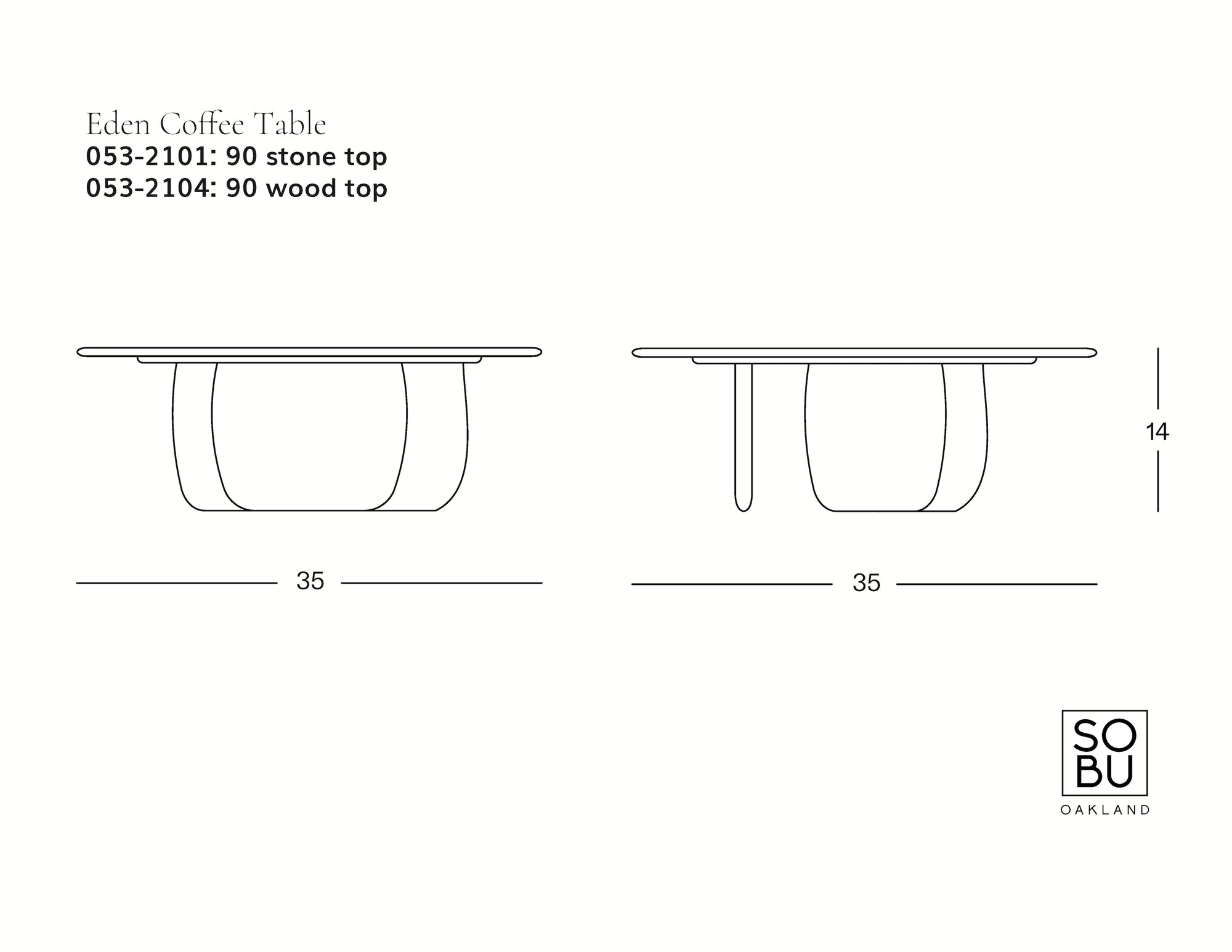 Line drawings of the Eden Coffee Table | Espresso Oak by Wooden Stories shown from front and side views with 35" width and 14" height. Model numbers for stone and espresso oak tops. Wooden Stories logo at bottom right.