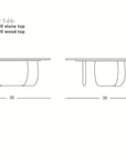 Line drawings of the Eden Coffee Table | Espresso Oak by Wooden Stories shown from front and side views with 35" width and 14" height. Model numbers for stone and espresso oak tops. Wooden Stories logo at bottom right.