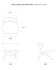 Line drawings of the Ethnicraft Eye Lounge Chair - Oak with Leather from top, front, and side views, each displaying height, width, and depth in inches. Features include a curved seat/backrest and angled legs. Ethnicraft logo top left.