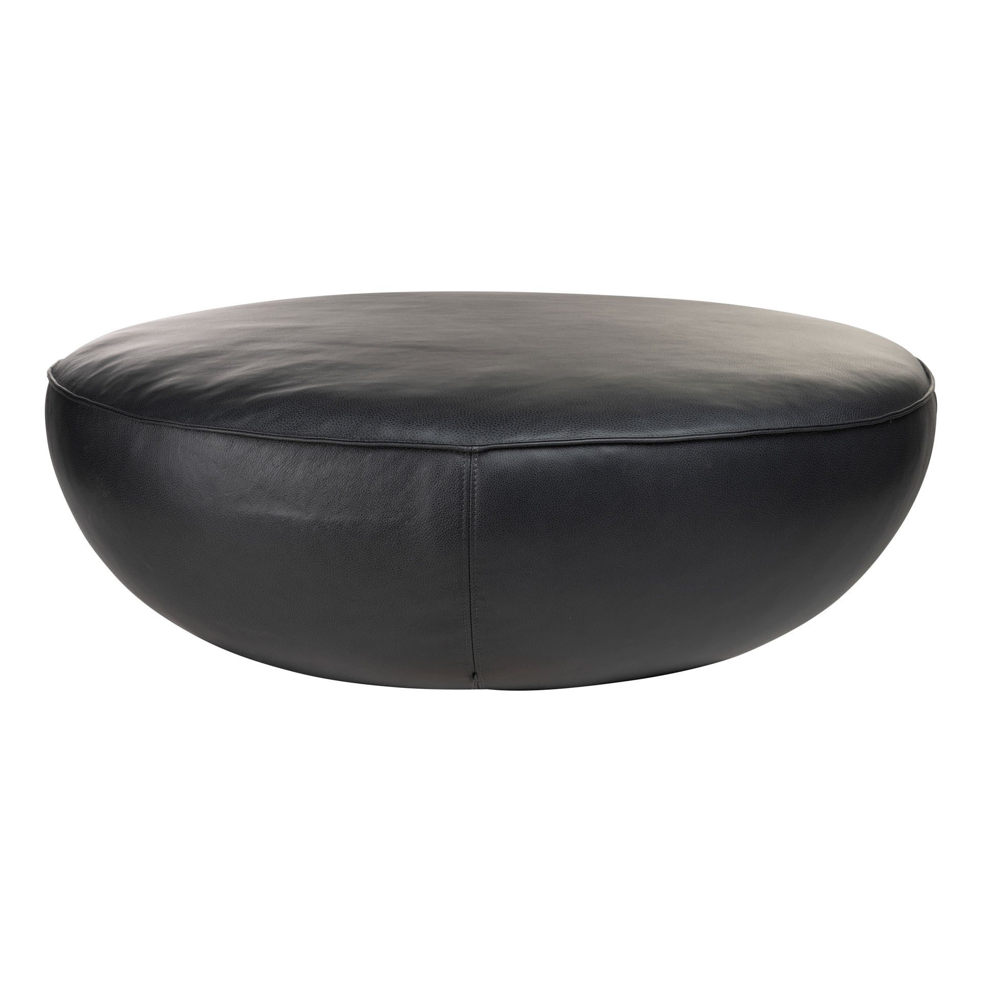 The Fable Ottoman | Leather by Wooden Stories is a large, round black leather ottoman with a smooth surface and subtle side stitching, presented against a white background—showcasing refined Danish furniture design.