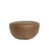 The Fable Ottoman | Leather by Wooden Stories is a round, brown ottoman with smooth leather upholstery and a gently flattened top, inspired by modern Danish design, shown against a plain white background.